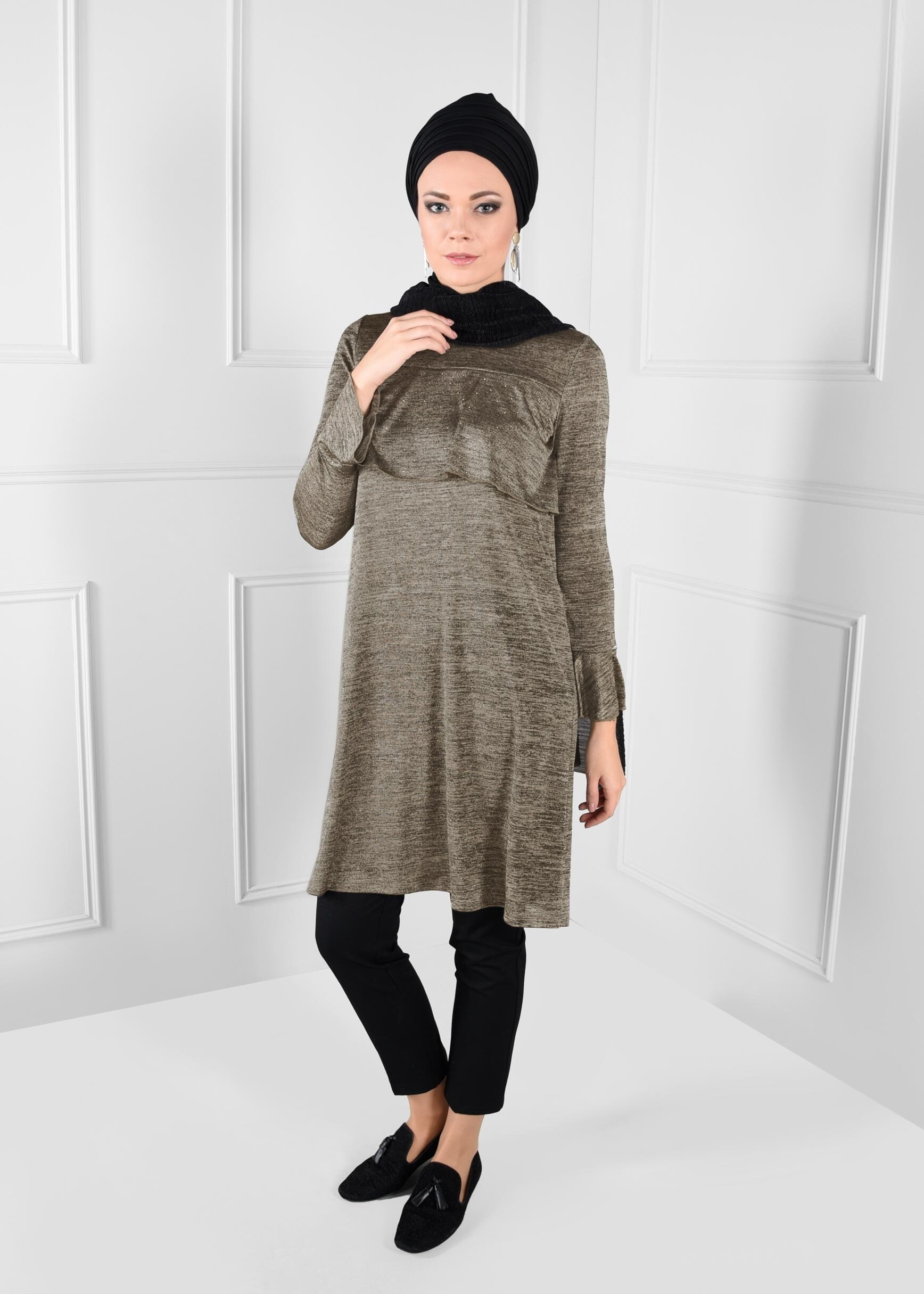 Tesettür giyim ALTIN VOLANLI TAŞ BASKILI TUNİK 4622