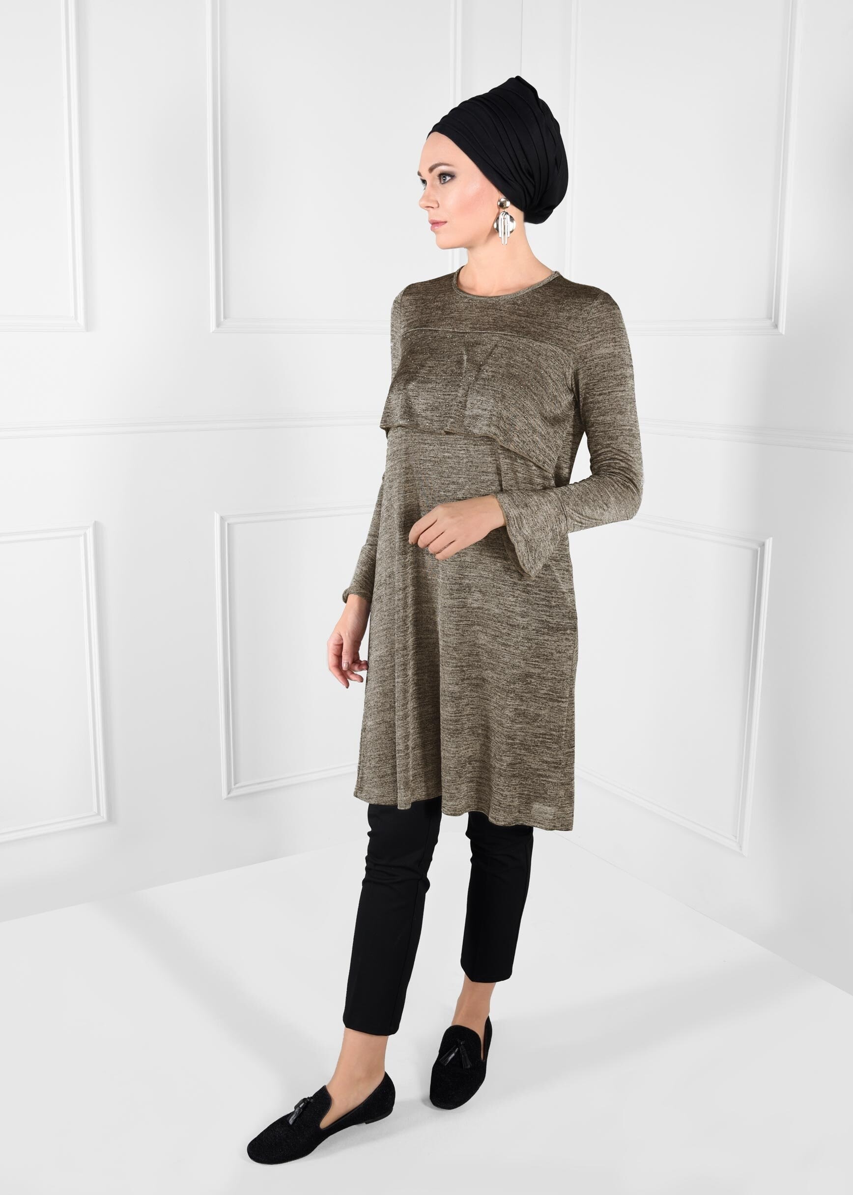 Tesettür giyim ALTIN VOLANLI TAŞ BASKILI TUNİK 4622