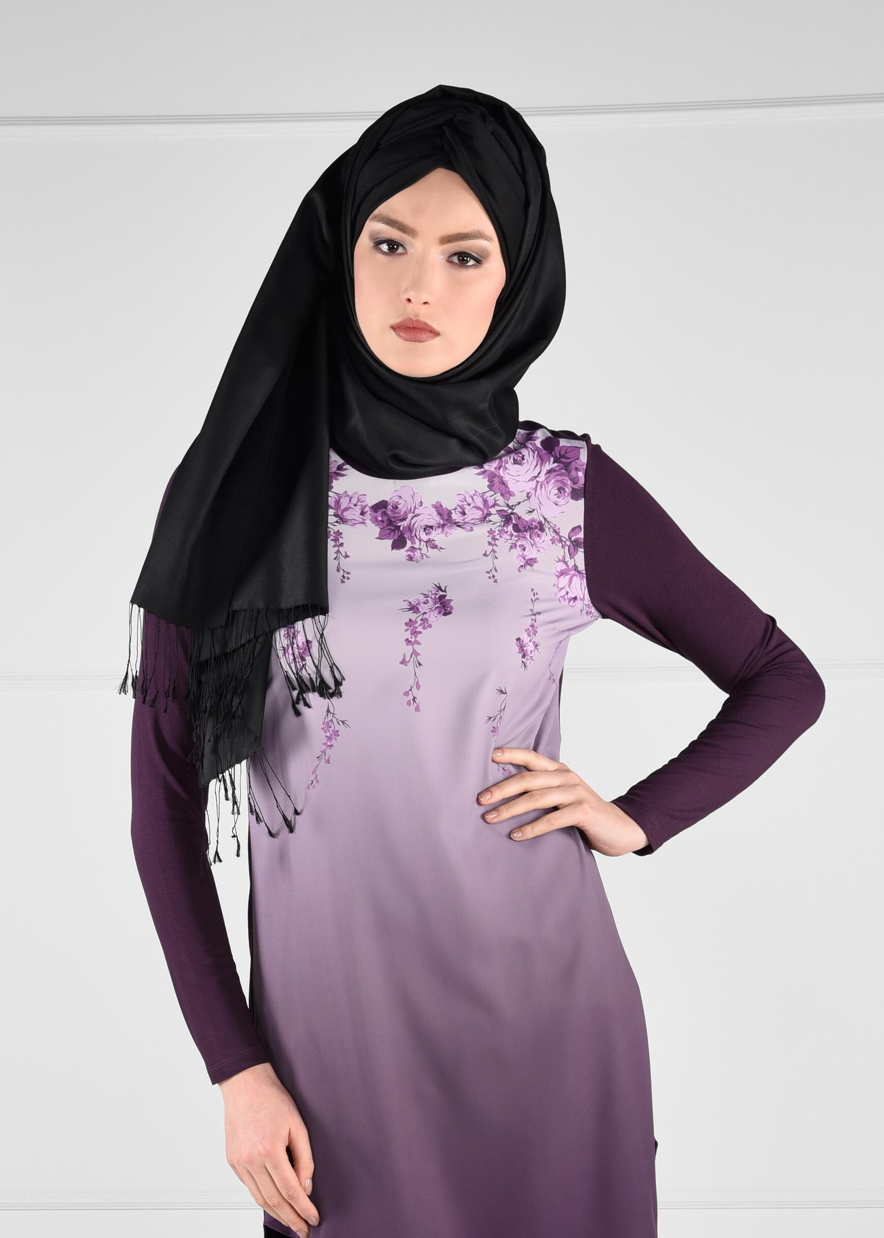 Tesettür giyim MOR ÇİÇEK DİJİTAL BASKILI DEGRADE TUNİK 4623 