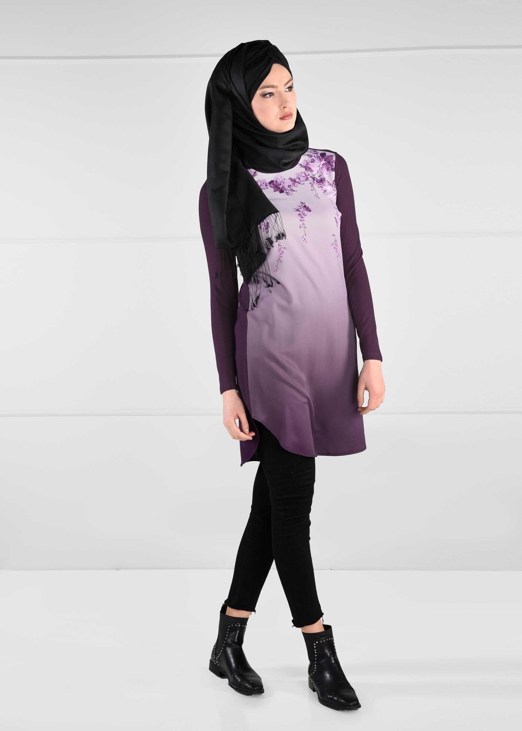 Tesettür giyim MOR ÇİÇEK DİJİTAL BASKILI DEGRADE TUNİK 4623 