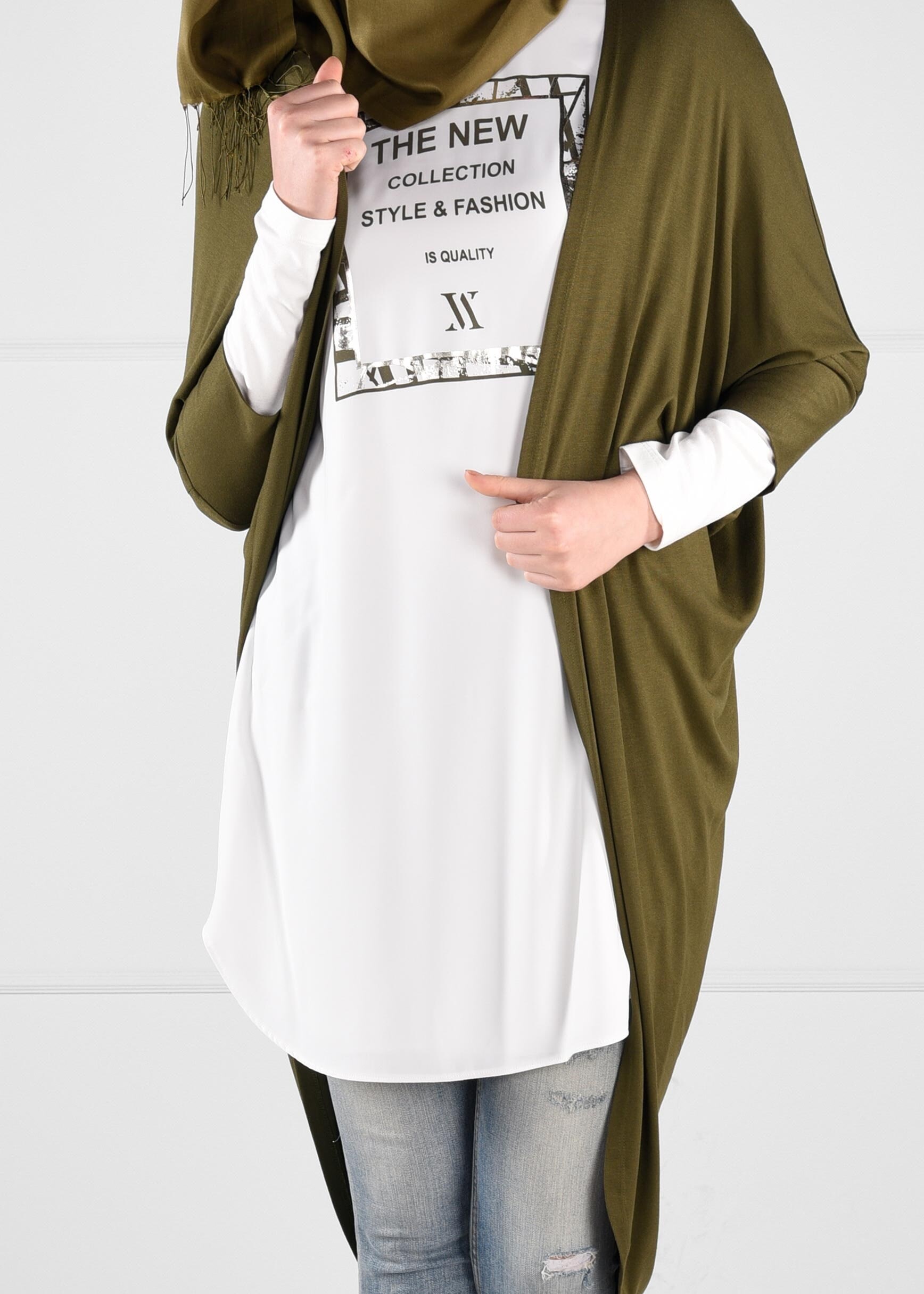 Tesettür giyim HAKİ YARASA KOLLU YAZI BASKILI 2Lİ TUNİK 4624