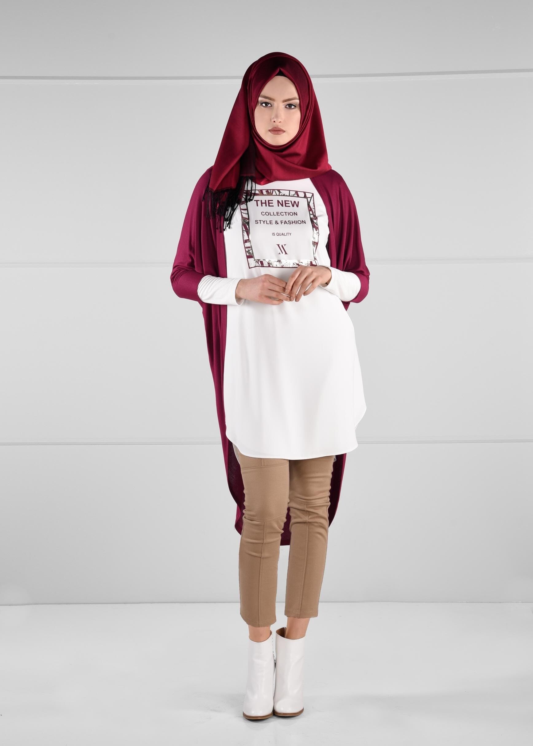 Tesettür giyim MOR YARASA KOLLU YAZI BASKILI 2Lİ TUNİK 4624