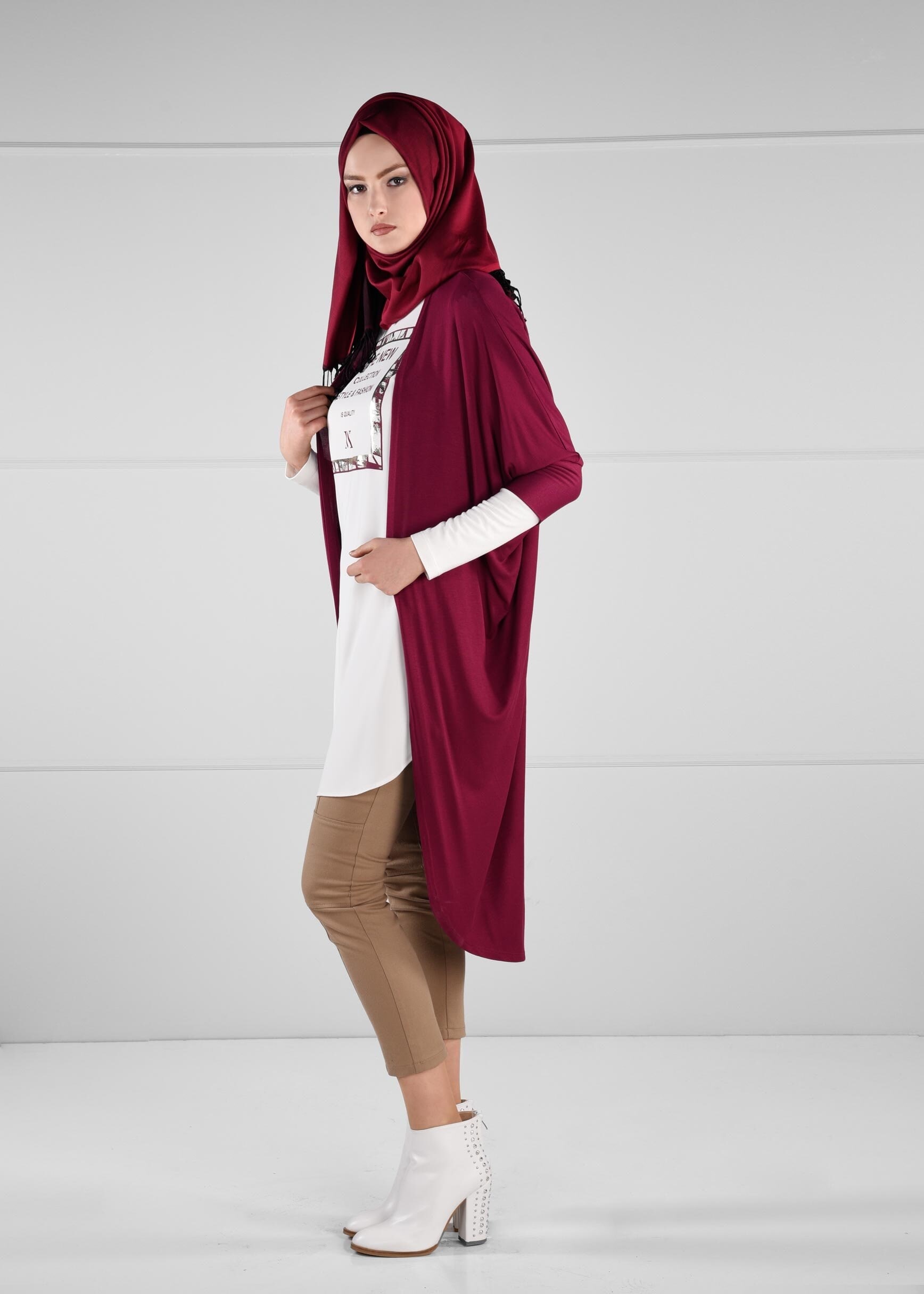 Tesettür giyim MOR YARASA KOLLU YAZI BASKILI 2Lİ TUNİK 4624