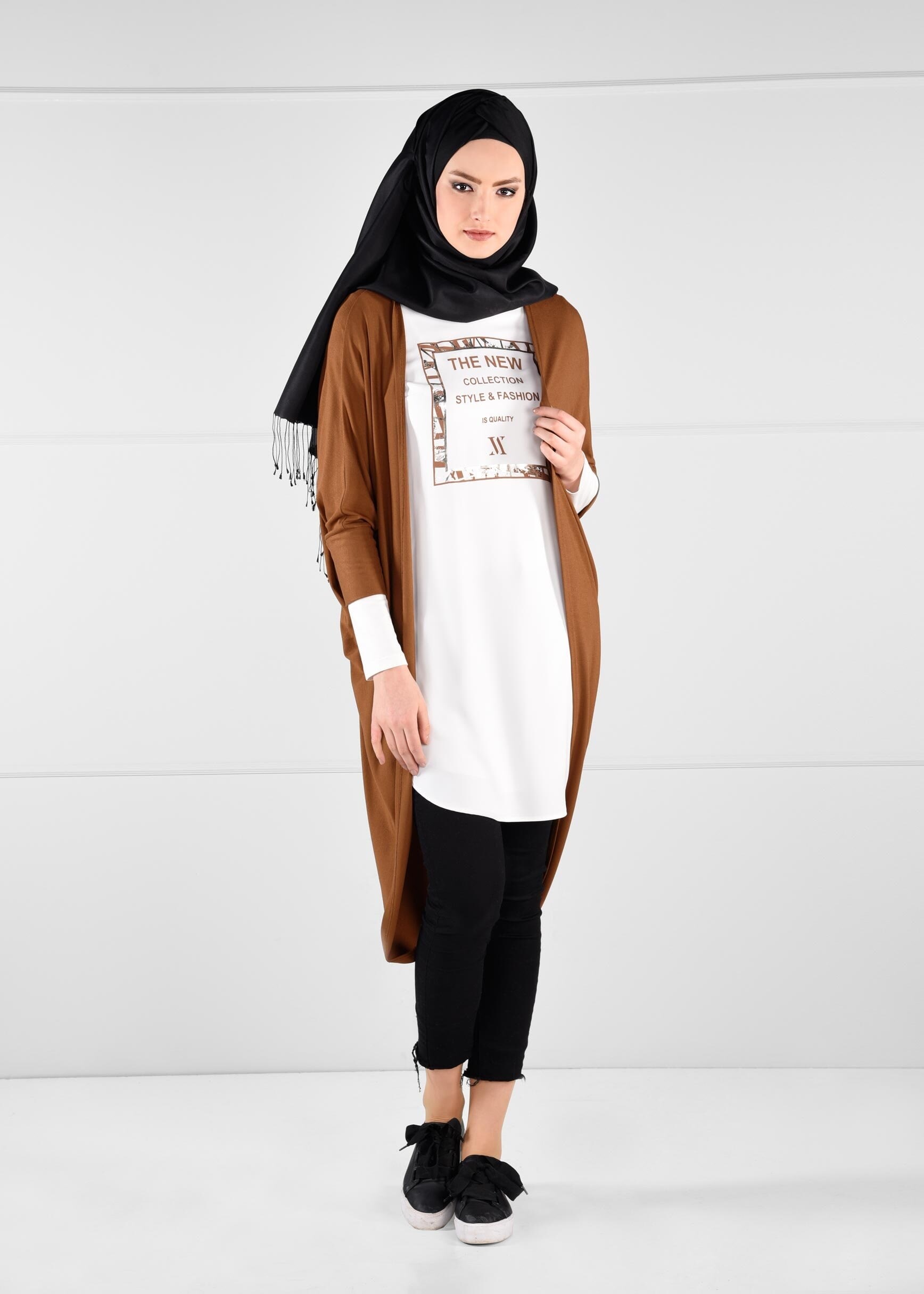 Tesettür giyim KAHVE YARASA KOLLU YAZI BASKILI 2Lİ TUNİK 4624