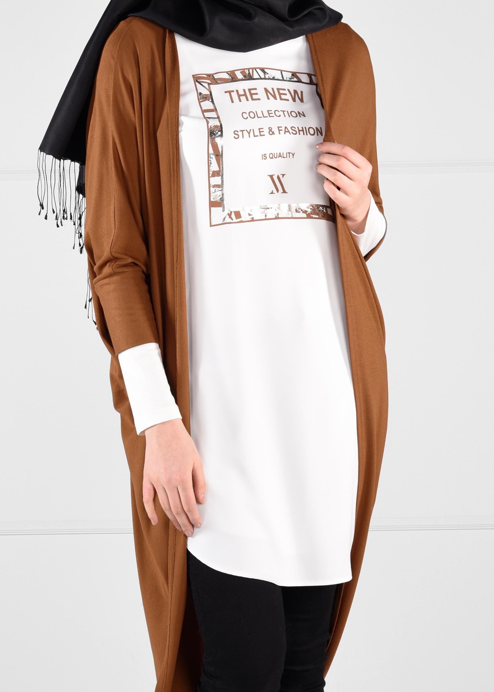 Tesettür giyim KAHVE YARASA KOLLU YAZI BASKILI 2Lİ TUNİK 4624