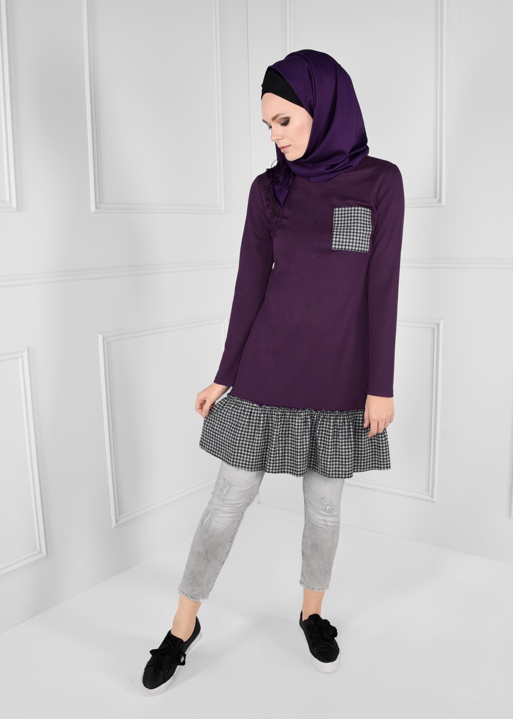 Tesettür giyim MOR PÖTİKARE VOLAN CEP DETAYLI TUNİK 4625