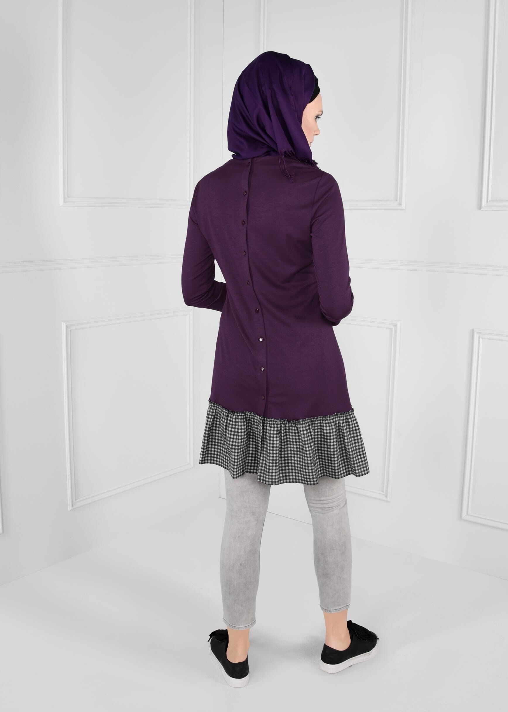 Tesettür giyim MOR PÖTİKARE VOLAN CEP DETAYLI TUNİK 4625