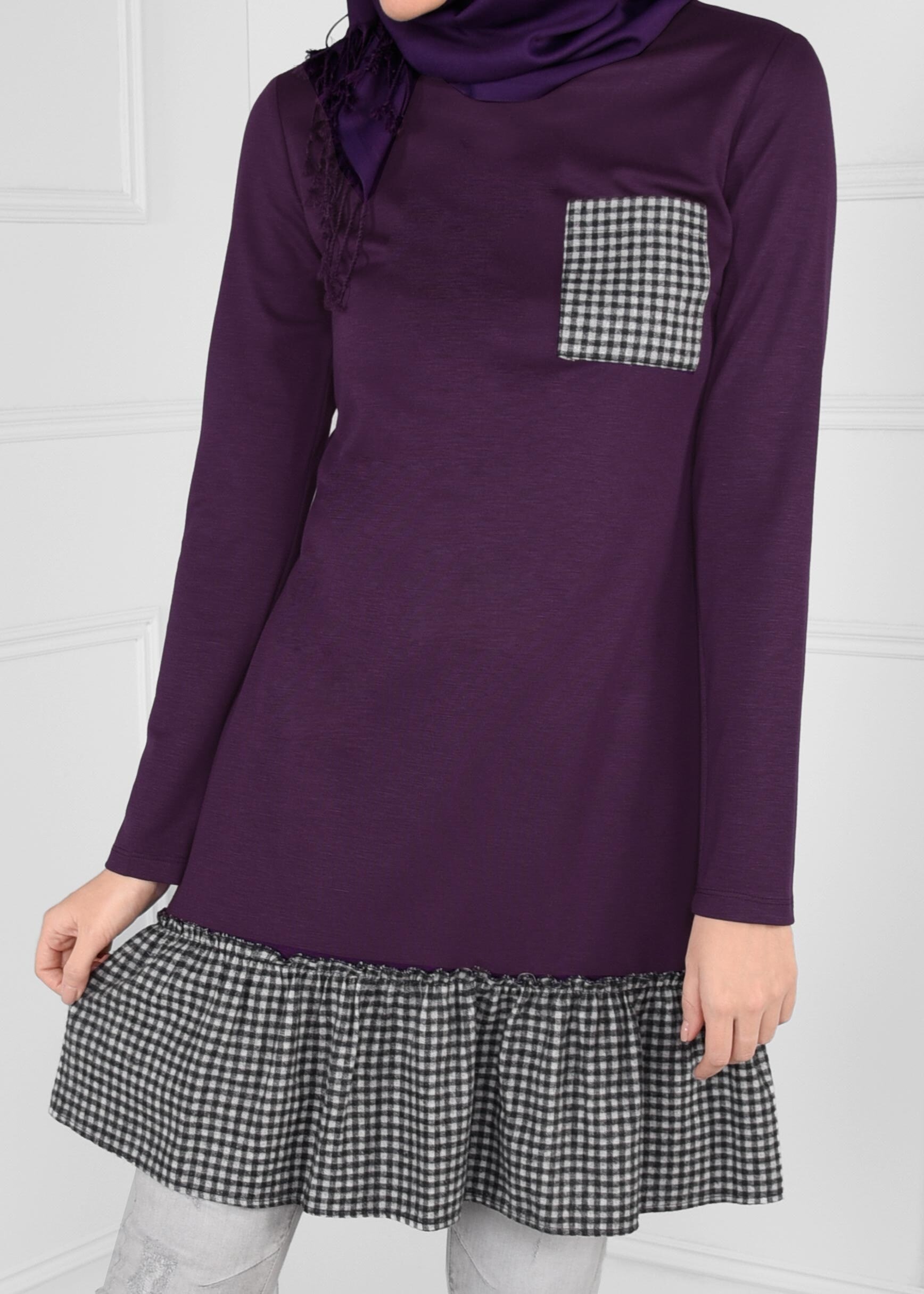 Tesettür giyim MOR PÖTİKARE VOLAN CEP DETAYLI TUNİK 4625