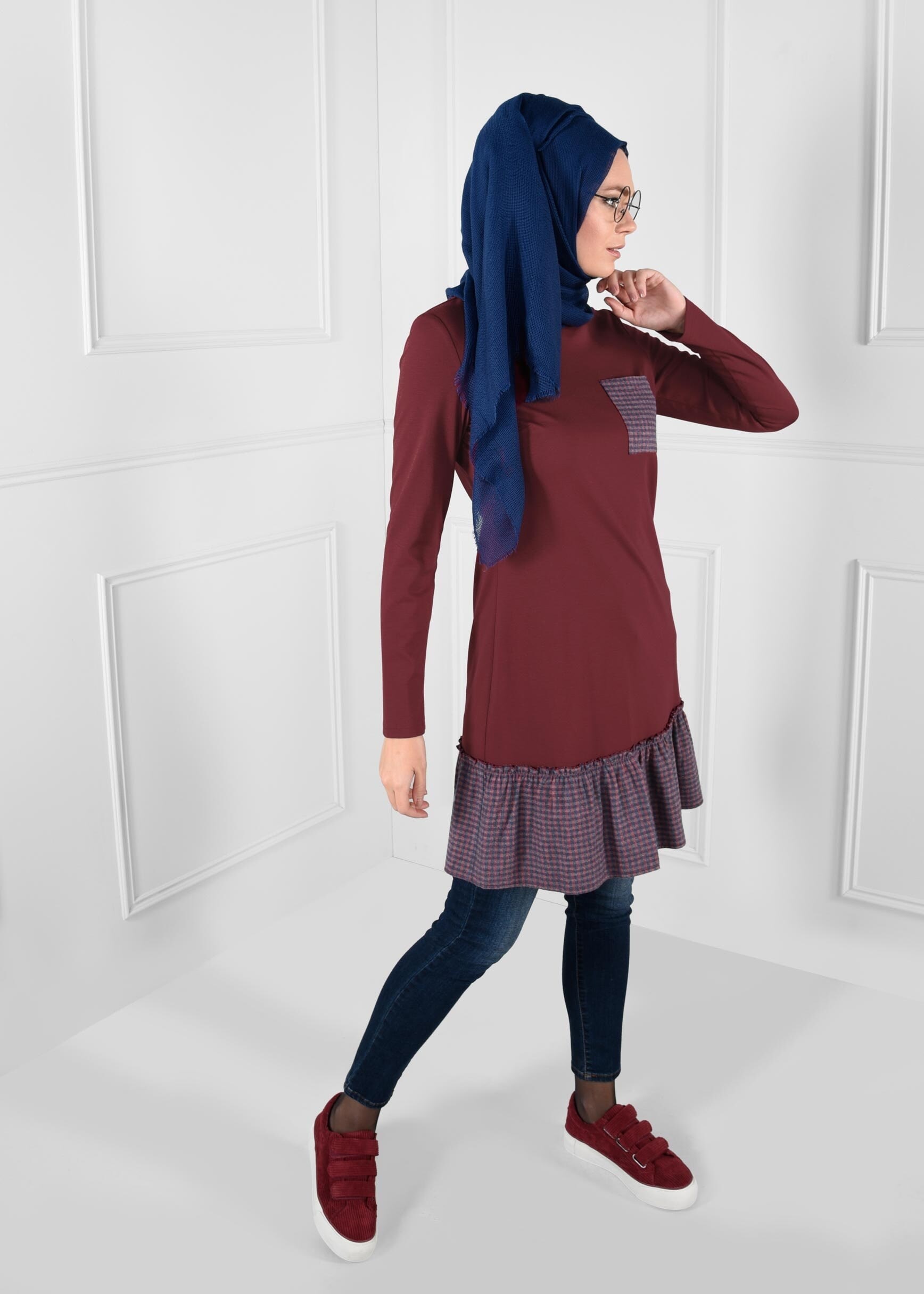 Tesettür giyim BORDO PÖTİKARE VOLAN CEP DETAYLI TUNİK 4625