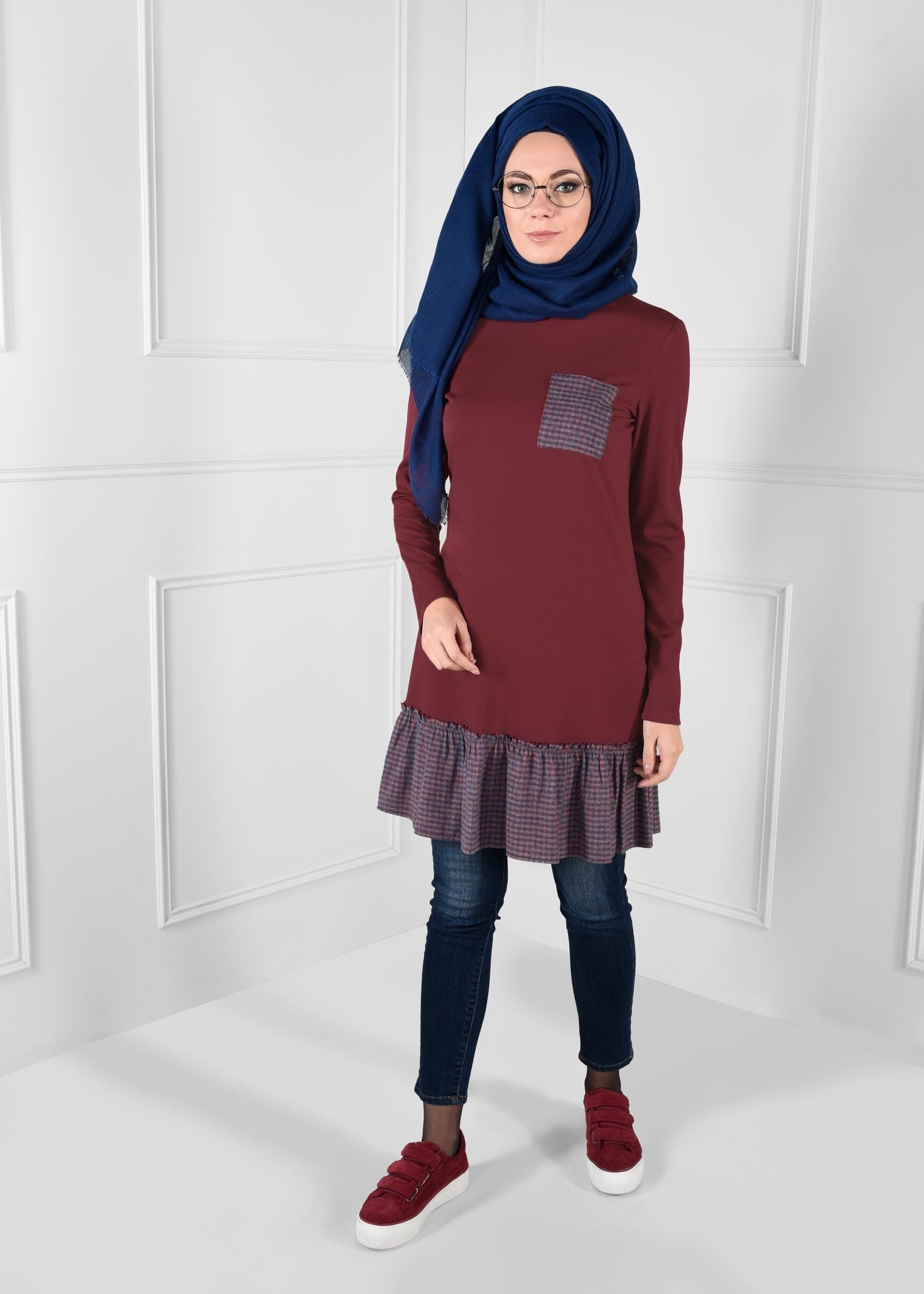 Tesettür giyim BORDO PÖTİKARE VOLAN CEP DETAYLI TUNİK 4625