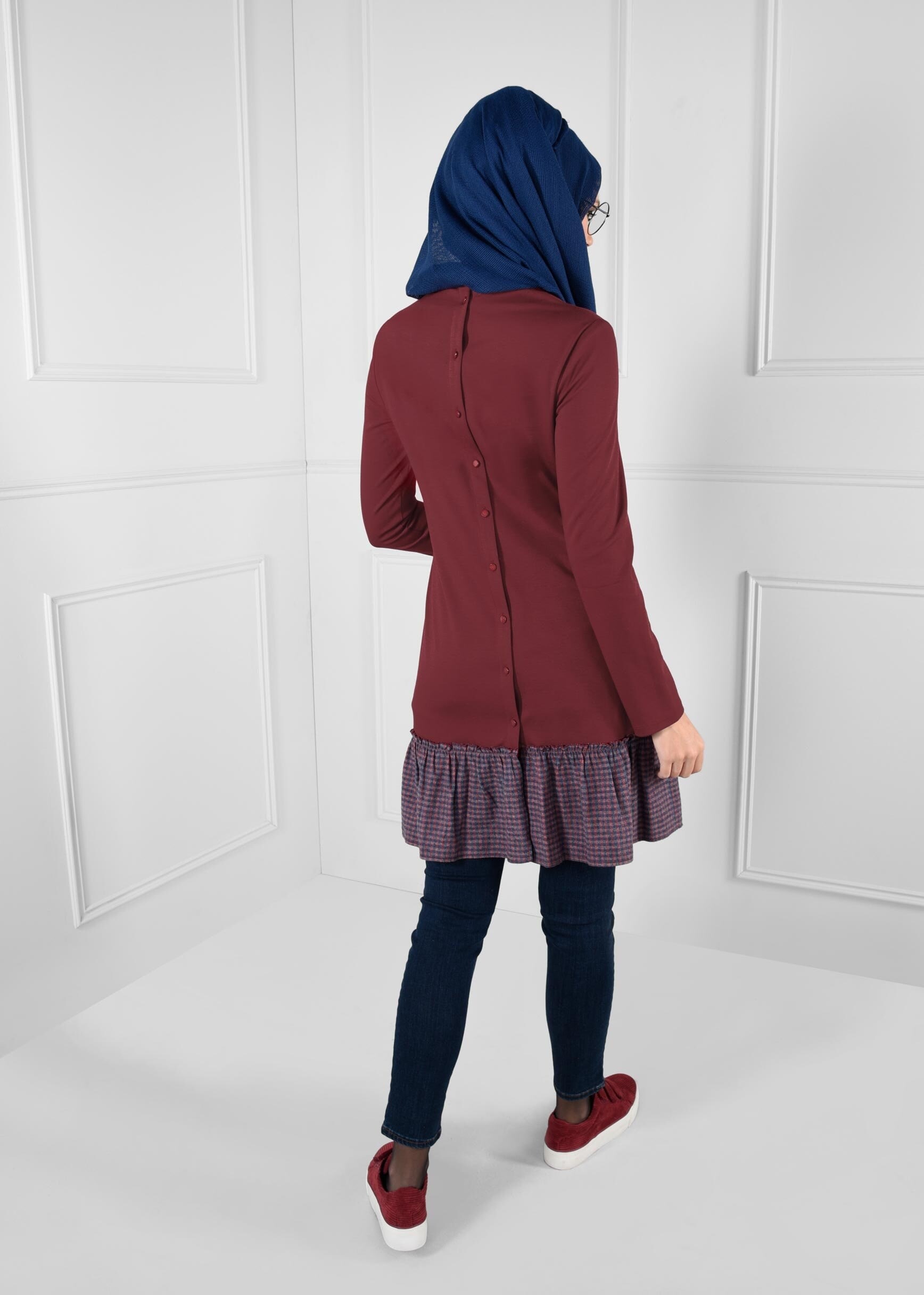 Tesettür giyim BORDO PÖTİKARE VOLAN CEP DETAYLI TUNİK 4625