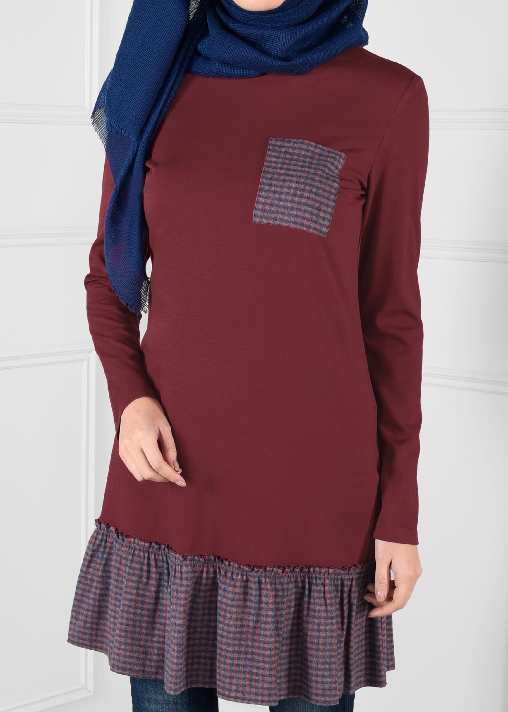 Tesettür giyim BORDO PÖTİKARE VOLAN CEP DETAYLI TUNİK 4625