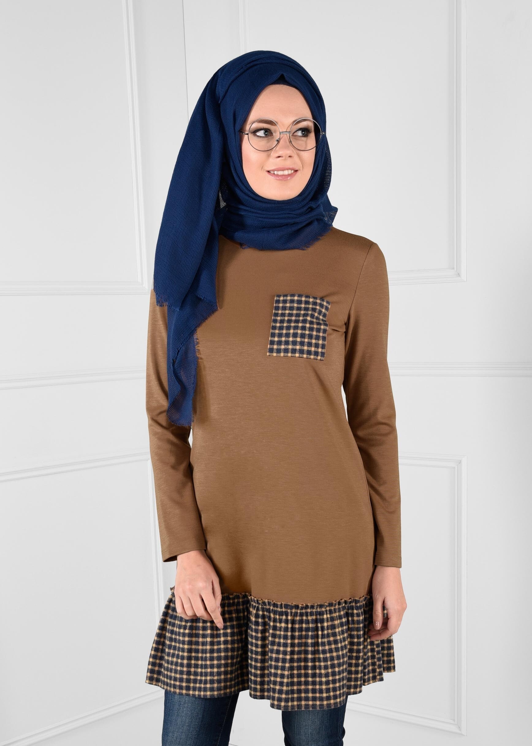 Tesettür giyim KAHVE PÖTİKARE VOLAN CEP DETAYLI TUNİK 4625