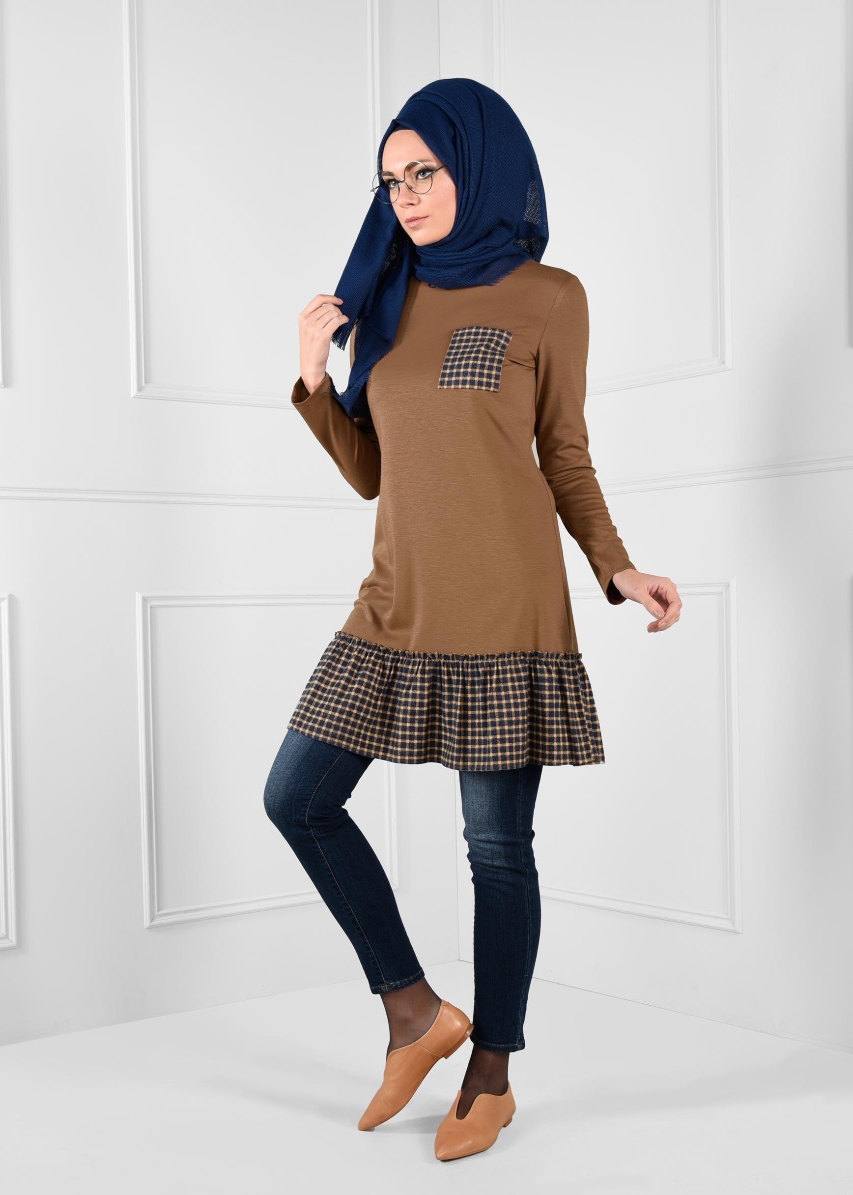 Tesettür giyim KAHVE PÖTİKARE VOLAN CEP DETAYLI TUNİK 4625