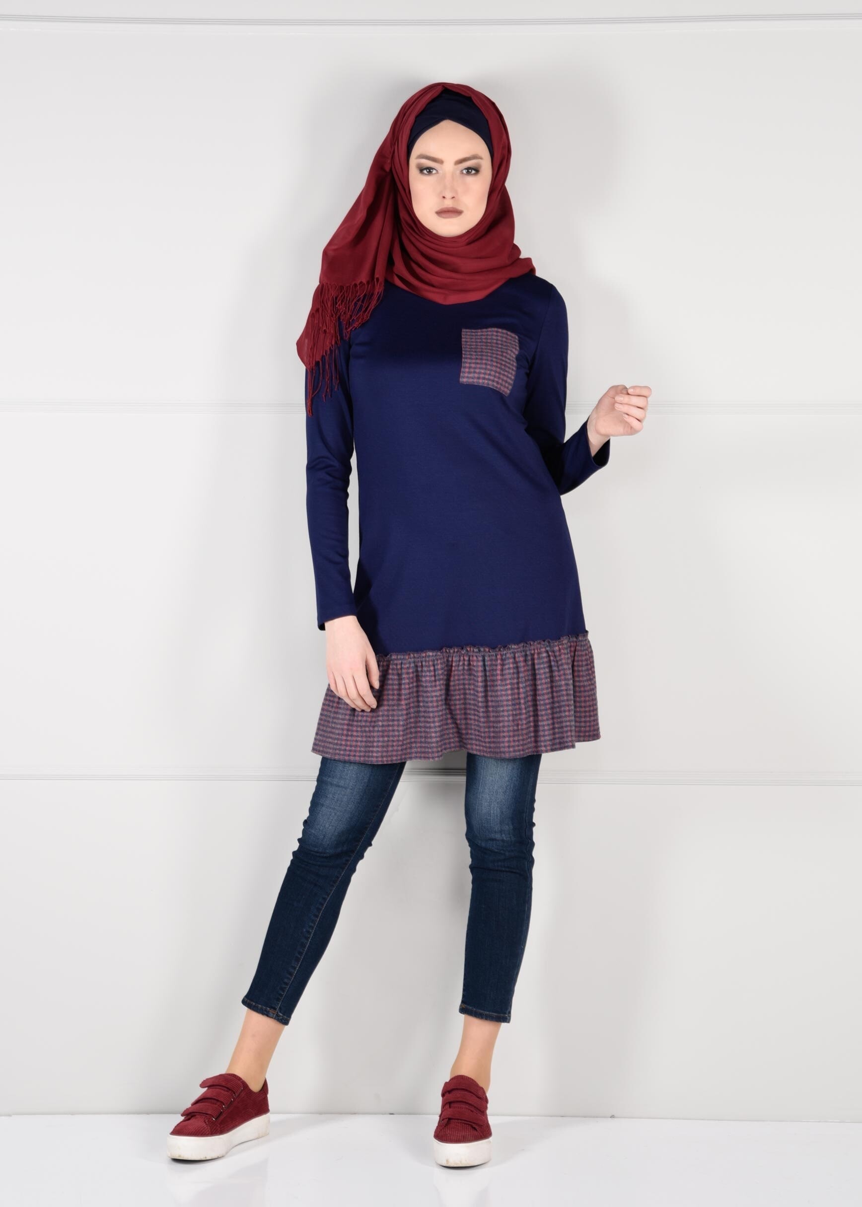 Tesettür giyim LACİVERT PÖTİKARE VOLAN CEP DETAYLI TUNİK 4625