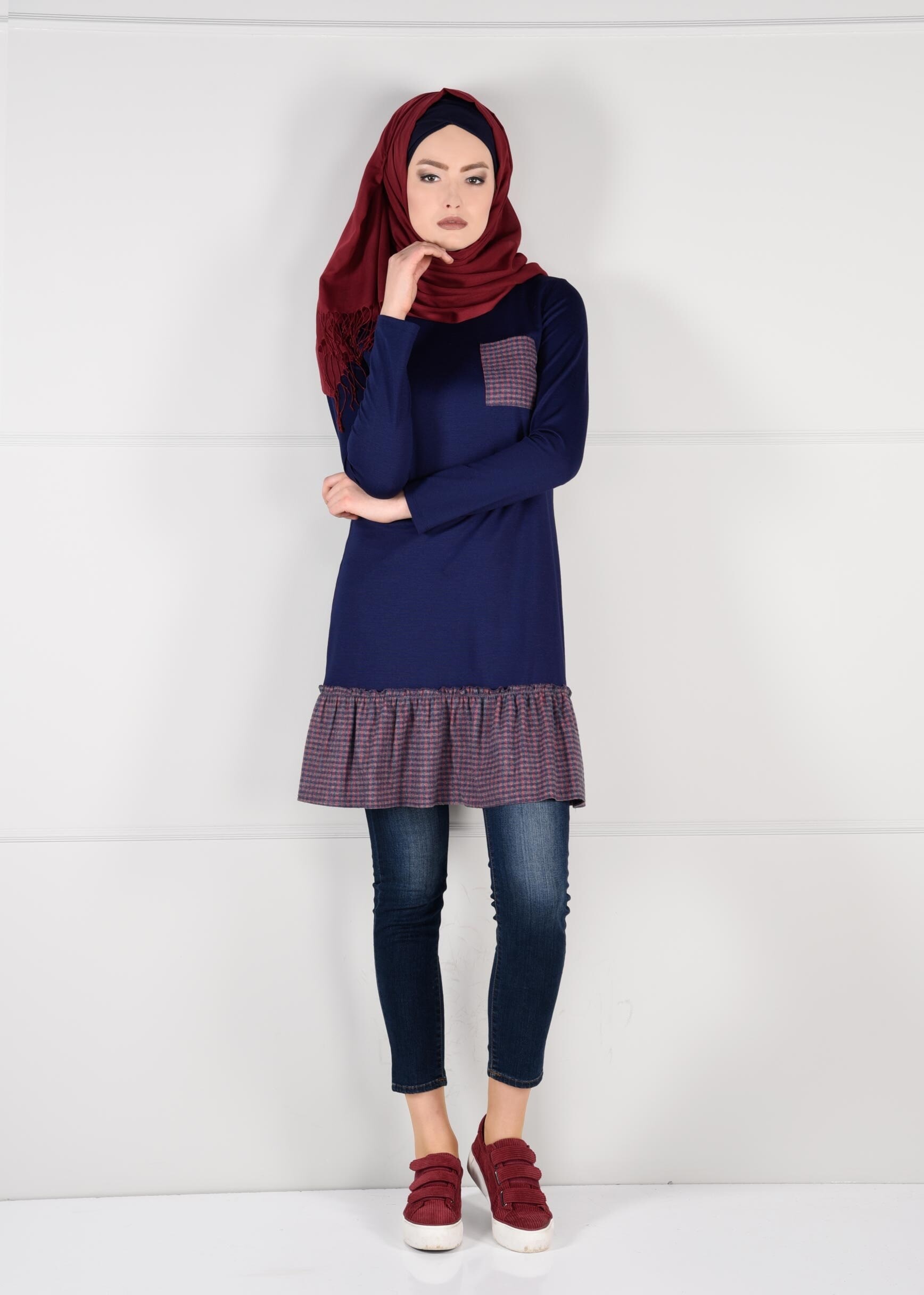 Tesettür giyim LACİVERT PÖTİKARE VOLAN CEP DETAYLI TUNİK 4625