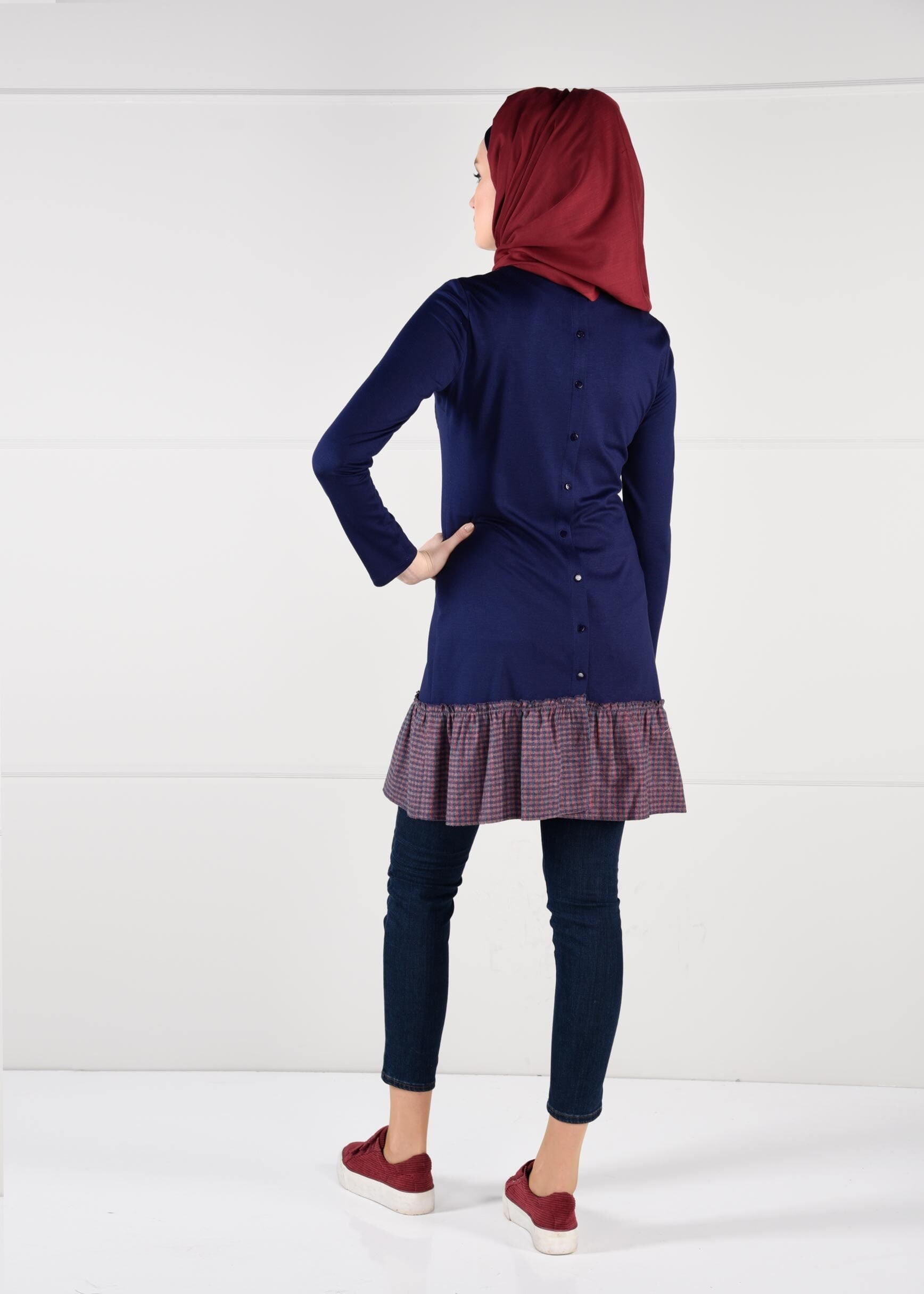 Tesettür giyim LACİVERT PÖTİKARE VOLAN CEP DETAYLI TUNİK 4625