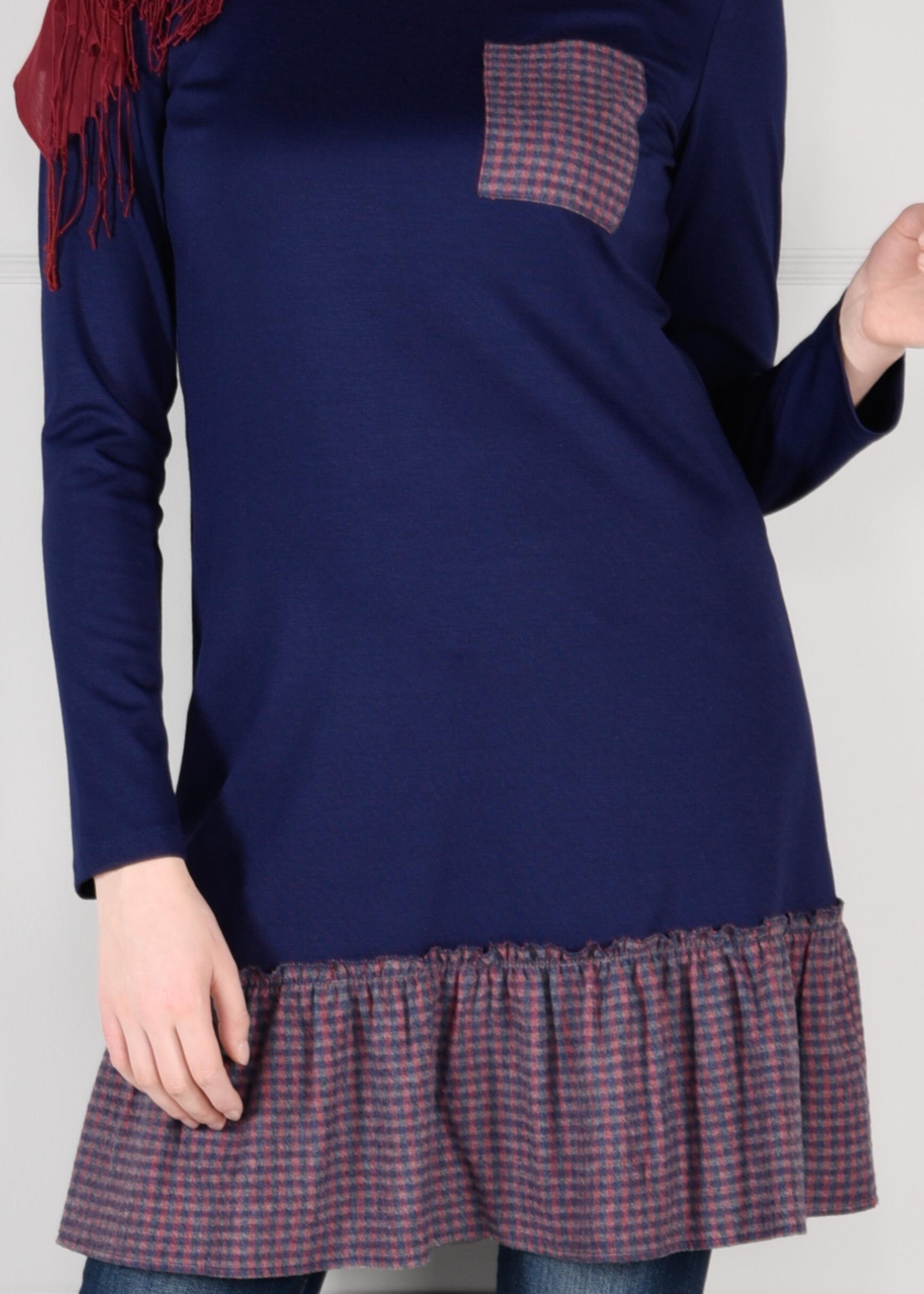 Tesettür giyim LACİVERT PÖTİKARE VOLAN CEP DETAYLI TUNİK 4625