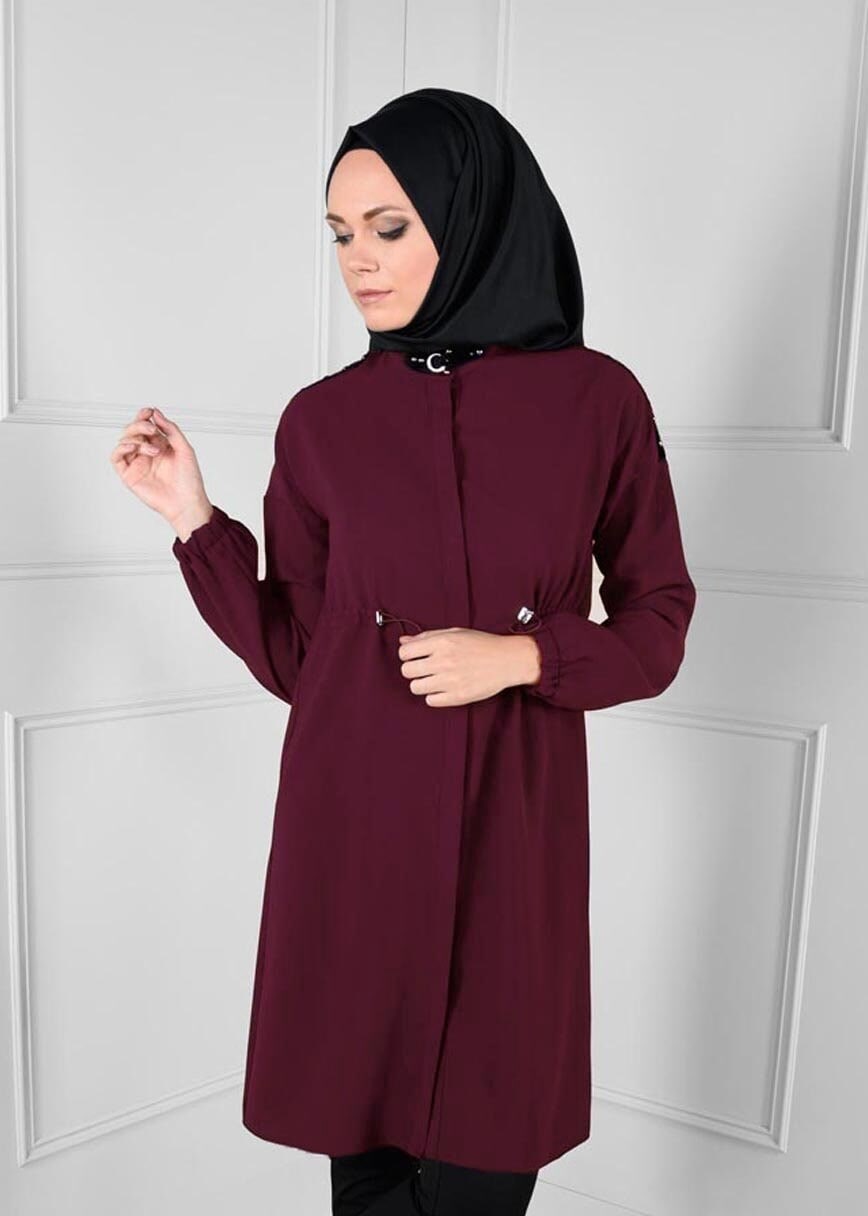 Tesettür giyim MÜRDÜM BELDEN BÜZGÜLÜ OMUZLARI ZIMBA DETAYLI TUNİK 4635