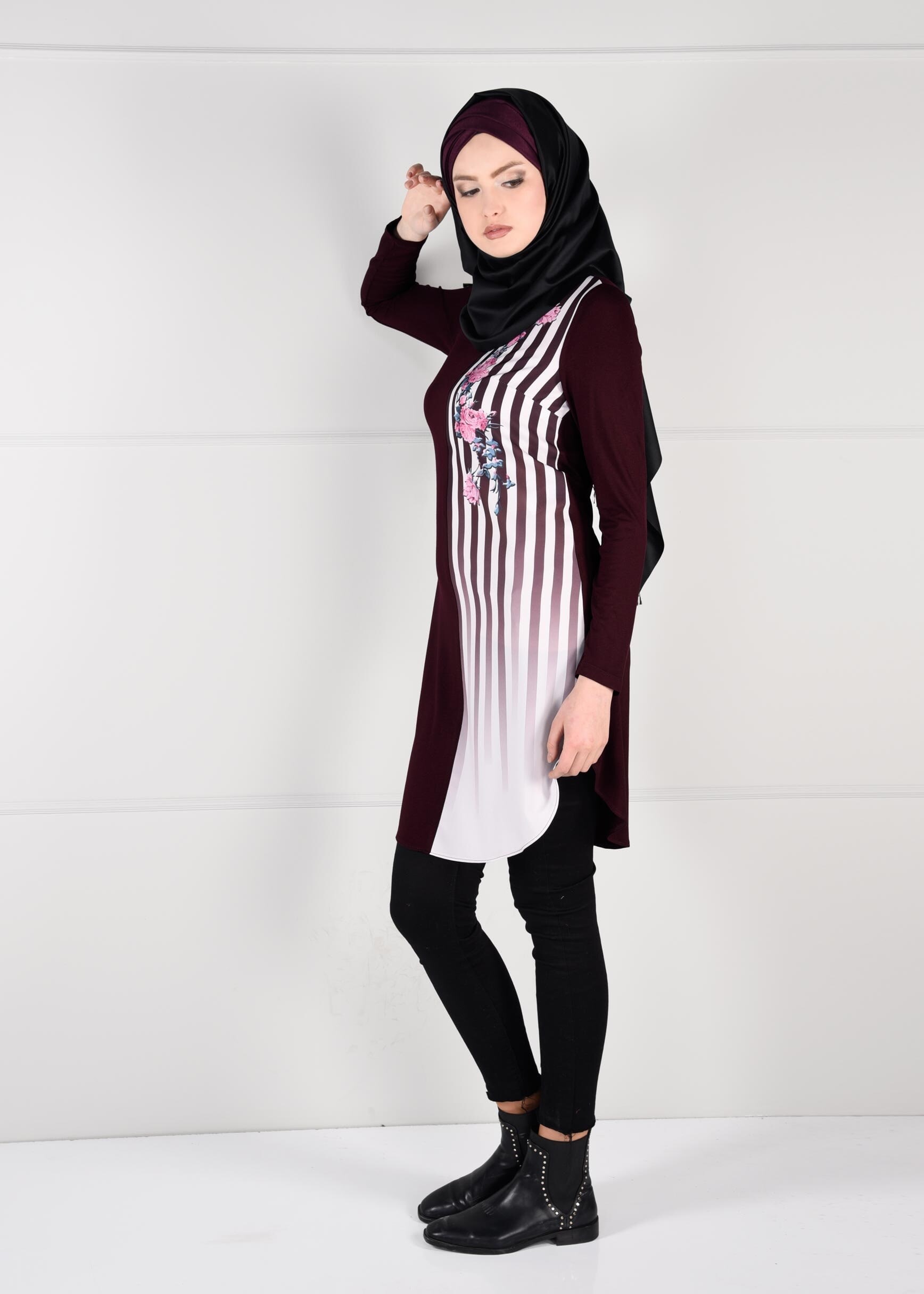 Tesettür giyim BORDO TEK TARAFI ÇİZGİLİ ÇİÇEKLİ TUNİK 4636