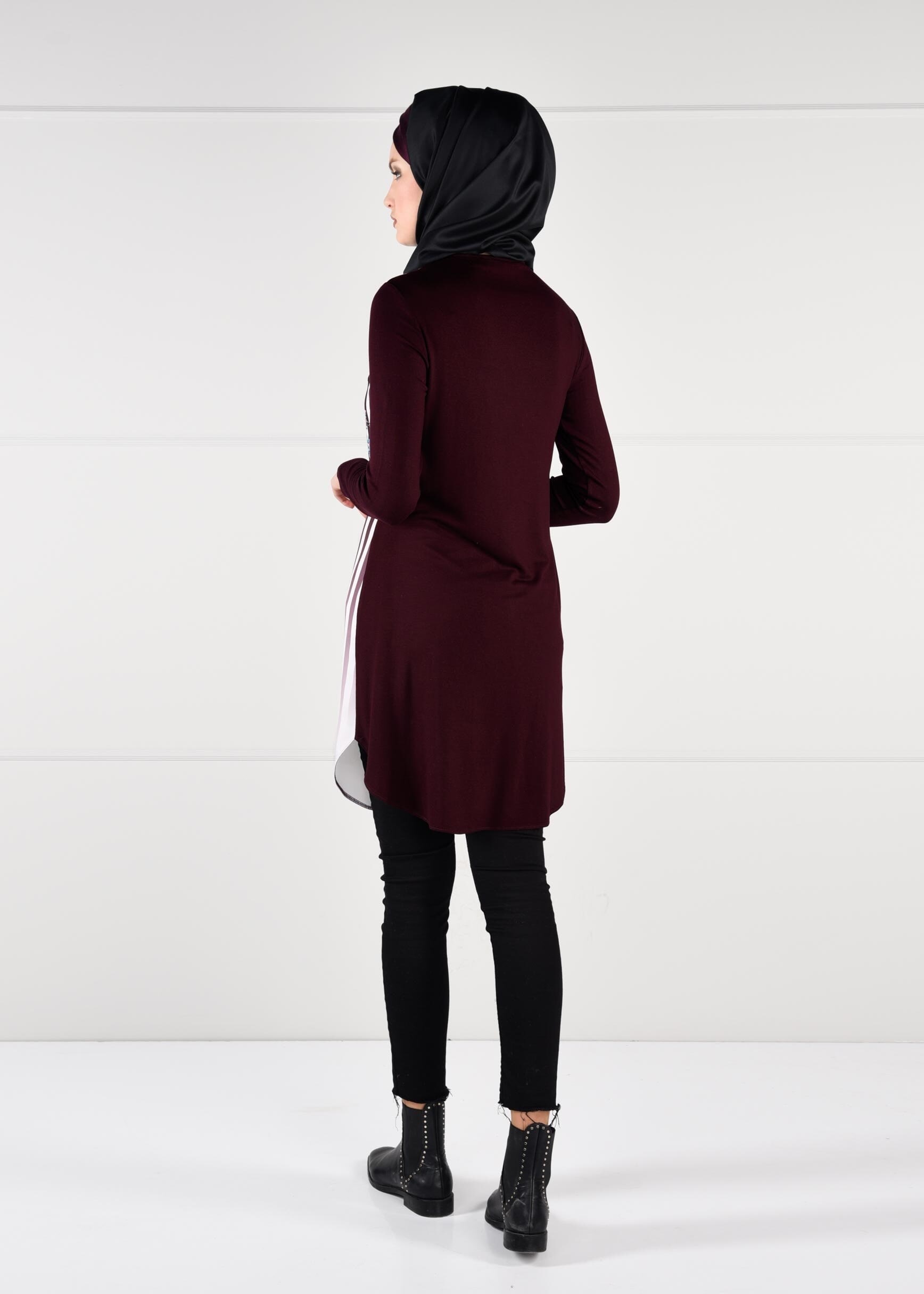 Tesettür giyim BORDO TEK TARAFI ÇİZGİLİ ÇİÇEKLİ TUNİK 4636