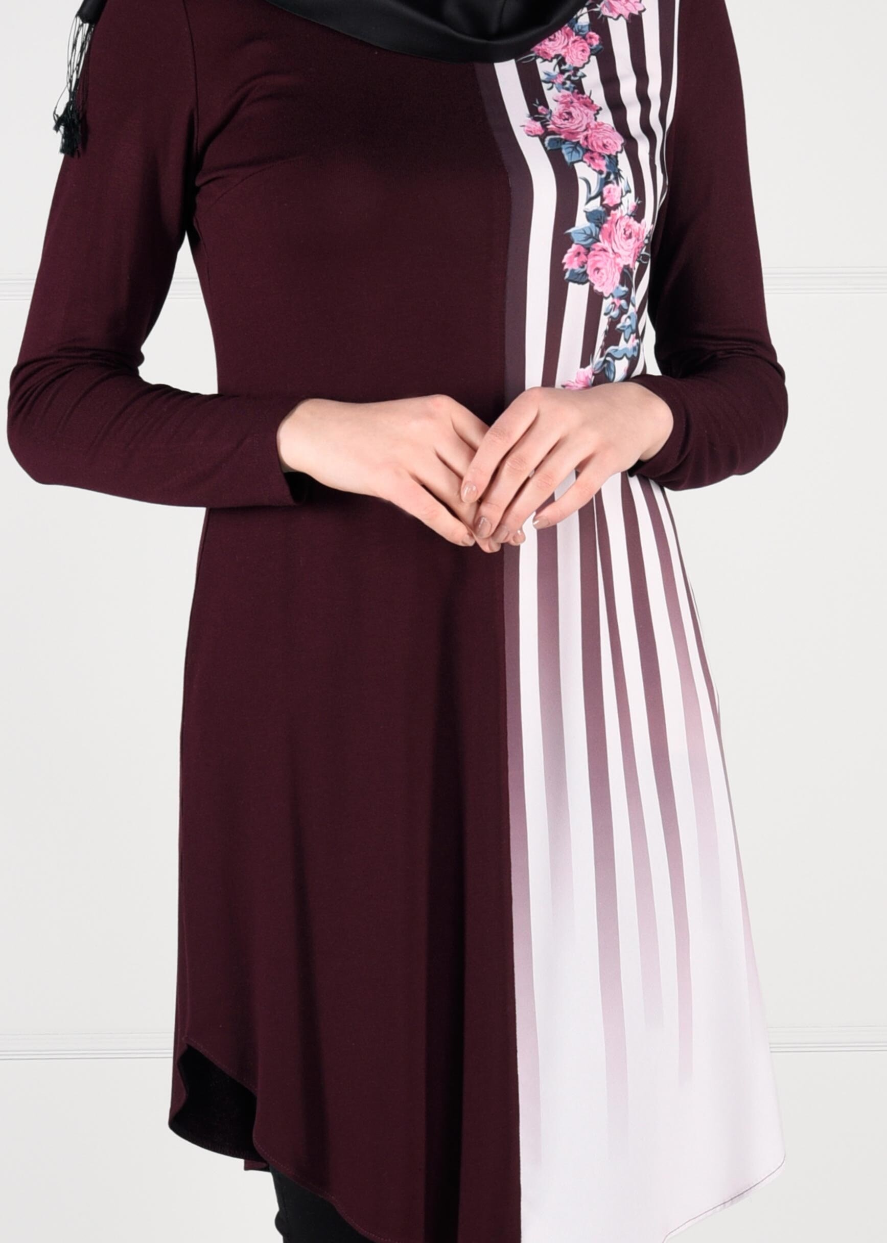 Tesettür giyim BORDO TEK TARAFI ÇİZGİLİ ÇİÇEKLİ TUNİK 4636