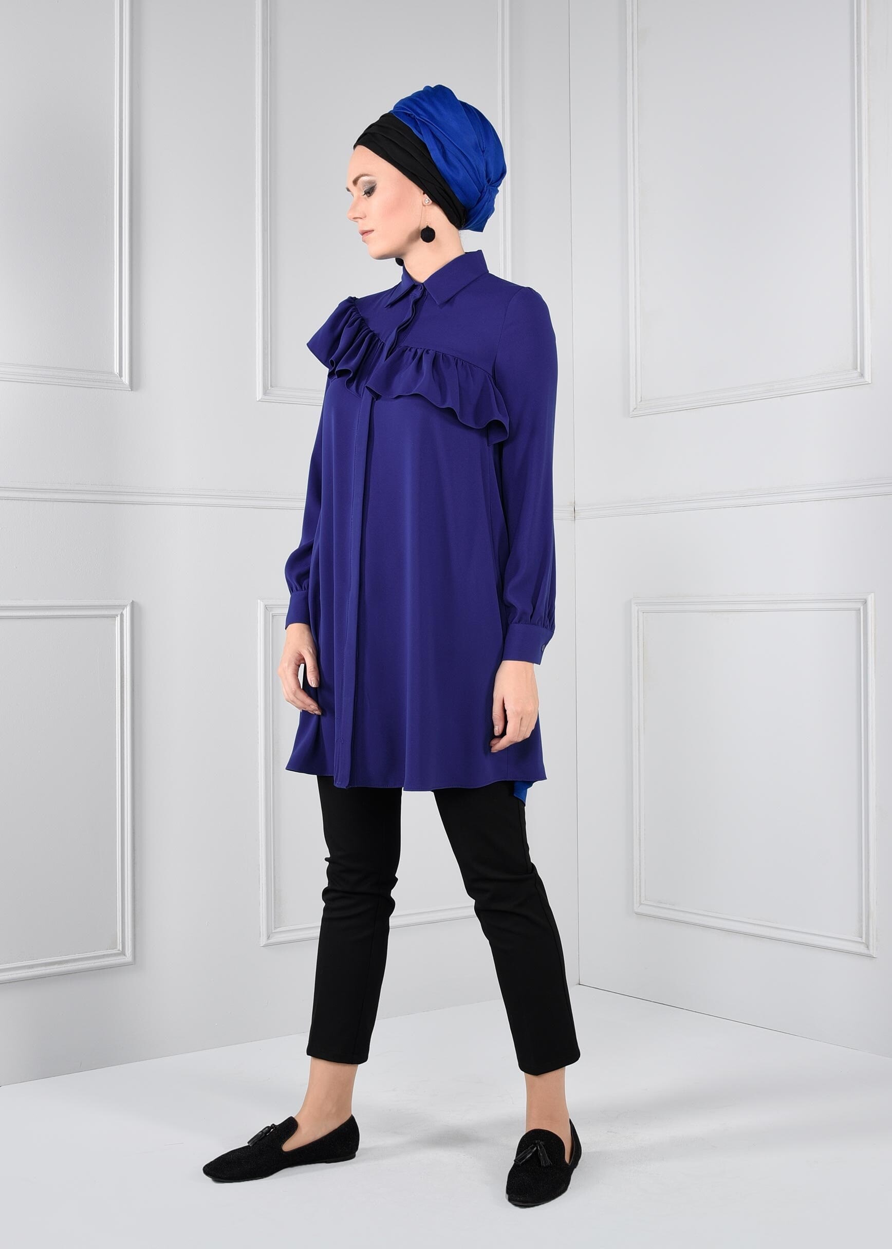 Tesettür giyim LACİVERT ASİMETRİK FIRFIR DETAYLI TUNİK 4637