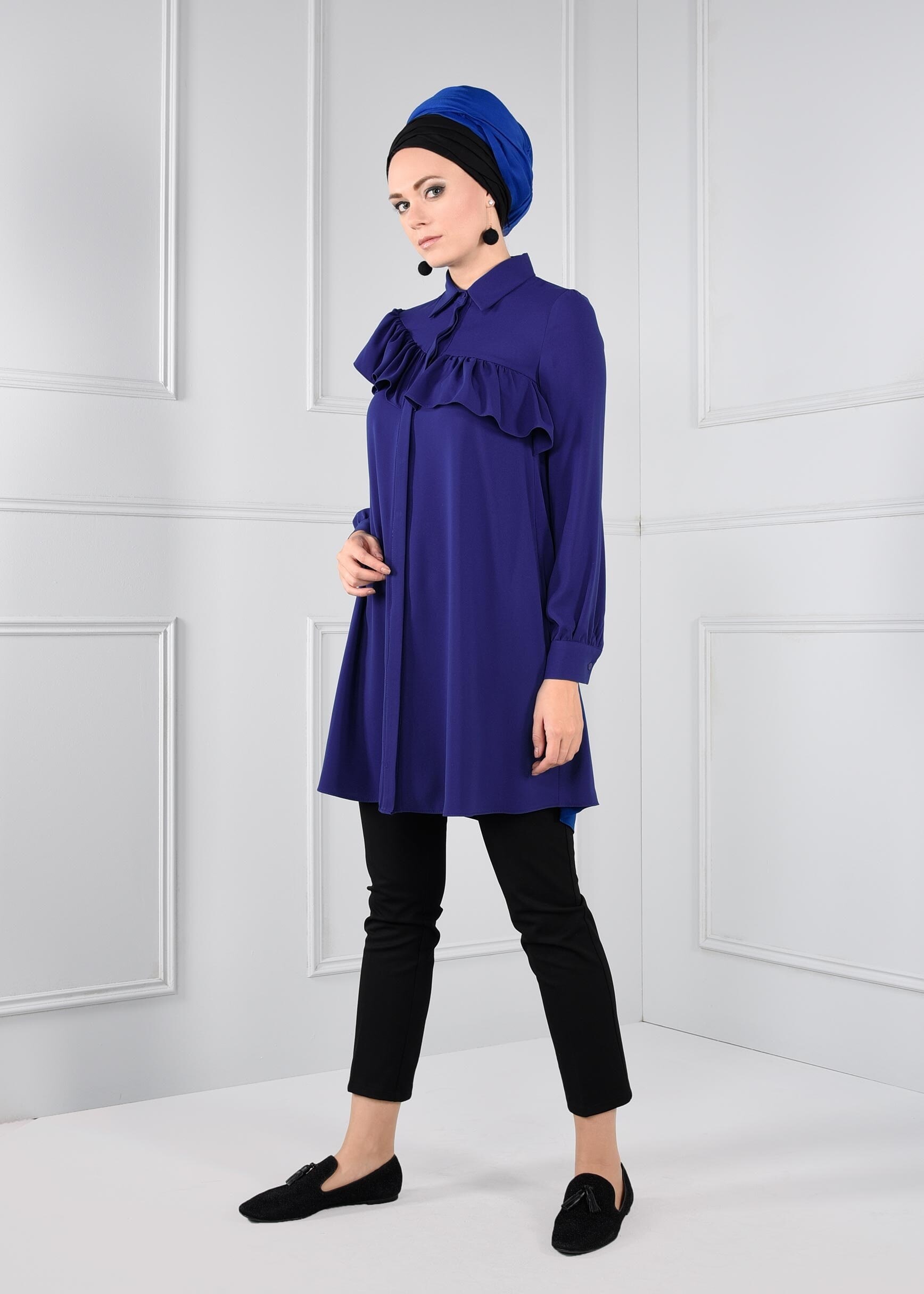 Tesettür giyim LACİVERT ASİMETRİK FIRFIR DETAYLI TUNİK 4637