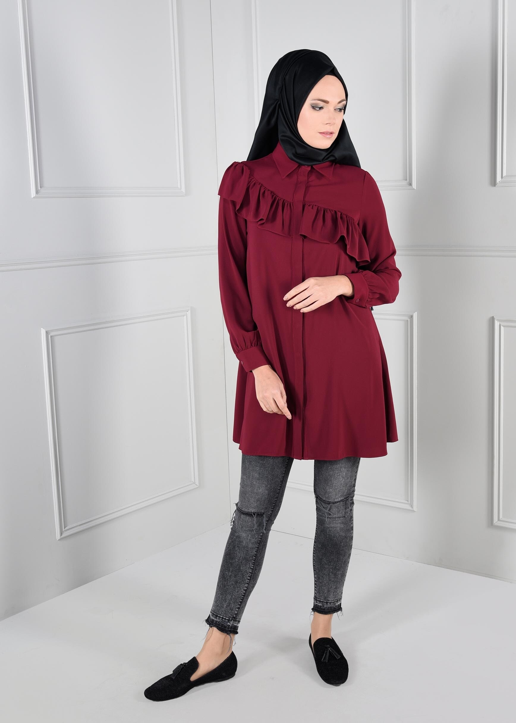 Tesettür giyim BORDO ASİMETRİK FIRFIR DETAYLI TUNİK 4637