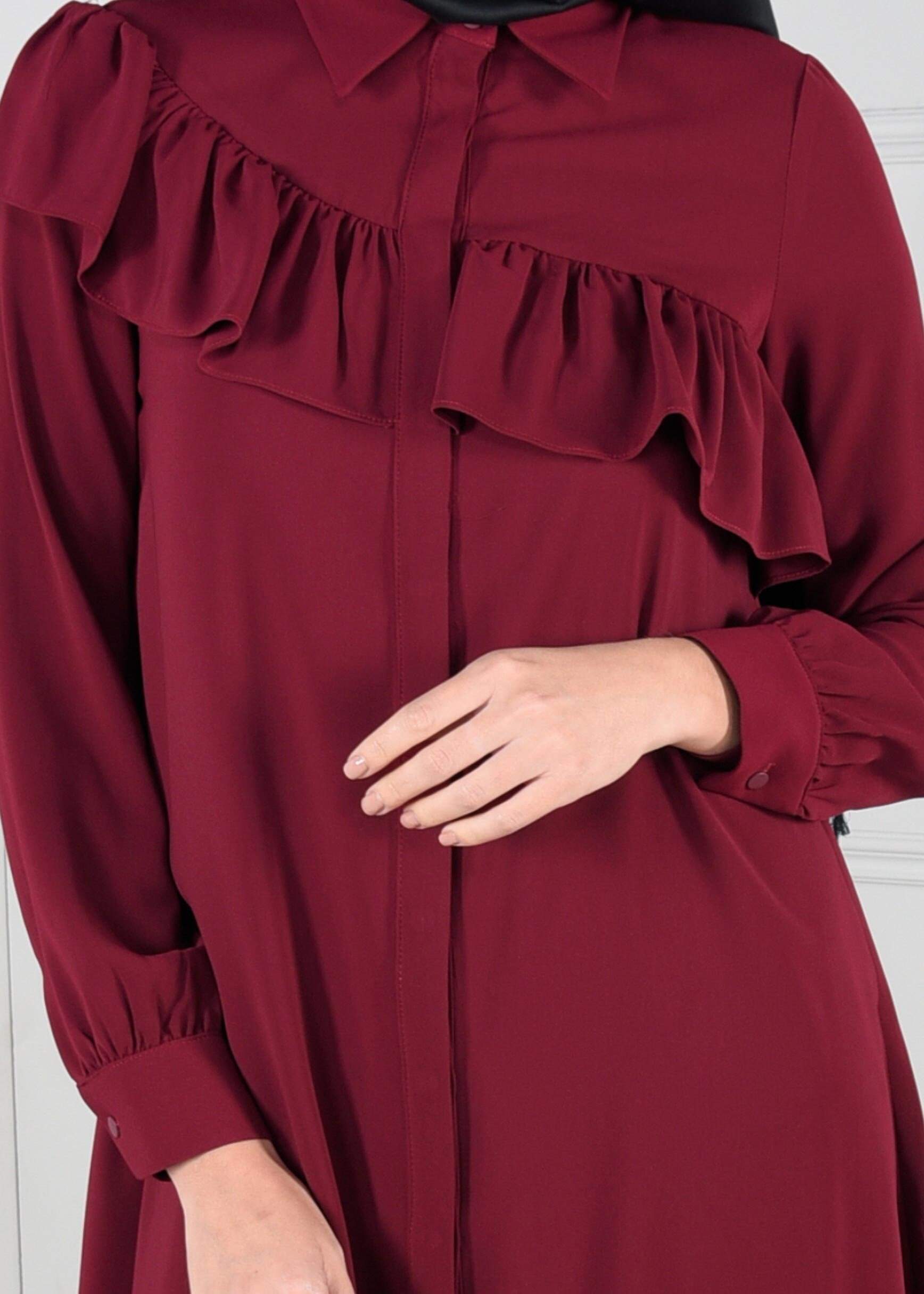 Tesettür giyim BORDO ASİMETRİK FIRFIR DETAYLI TUNİK 4637