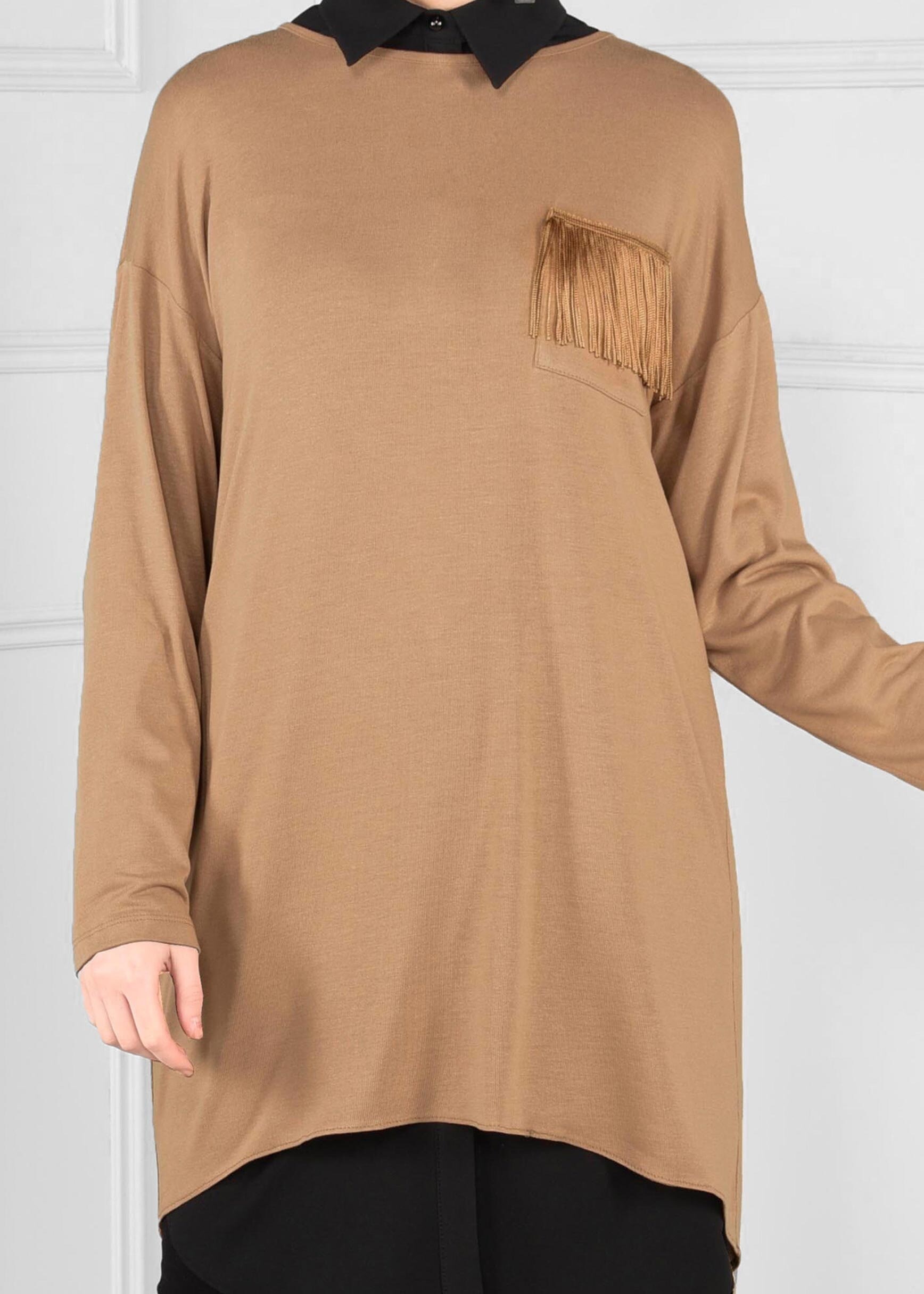 Tesettür giyim KAHVE SIRTI CEBİ PÜSKÜL DETAYLI ASİMETRİK KESİM TUNİK 4640