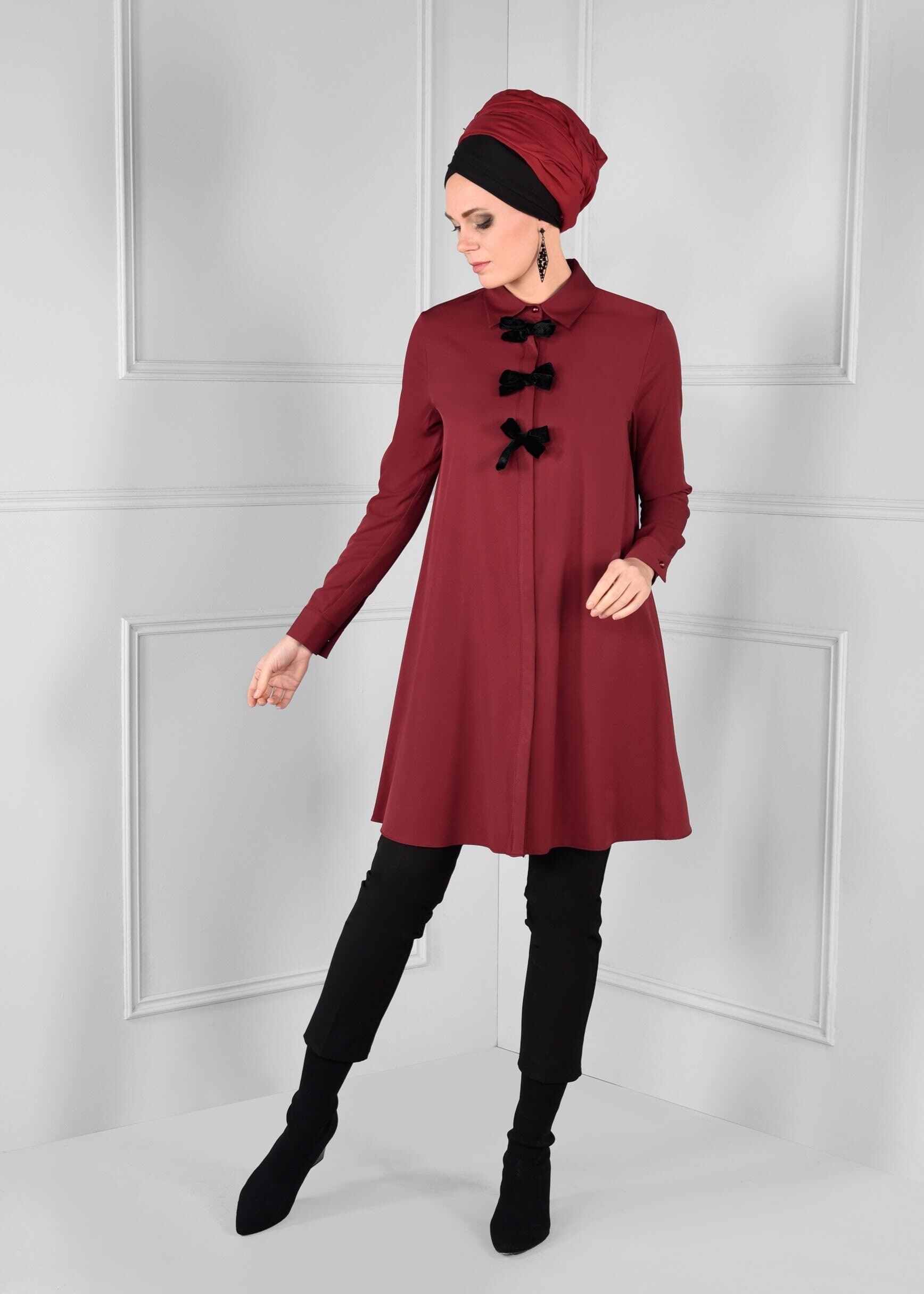 Tesettür giyim BORDO FİYONK DETAYLI GENİŞ KESİM TUNİK 4681