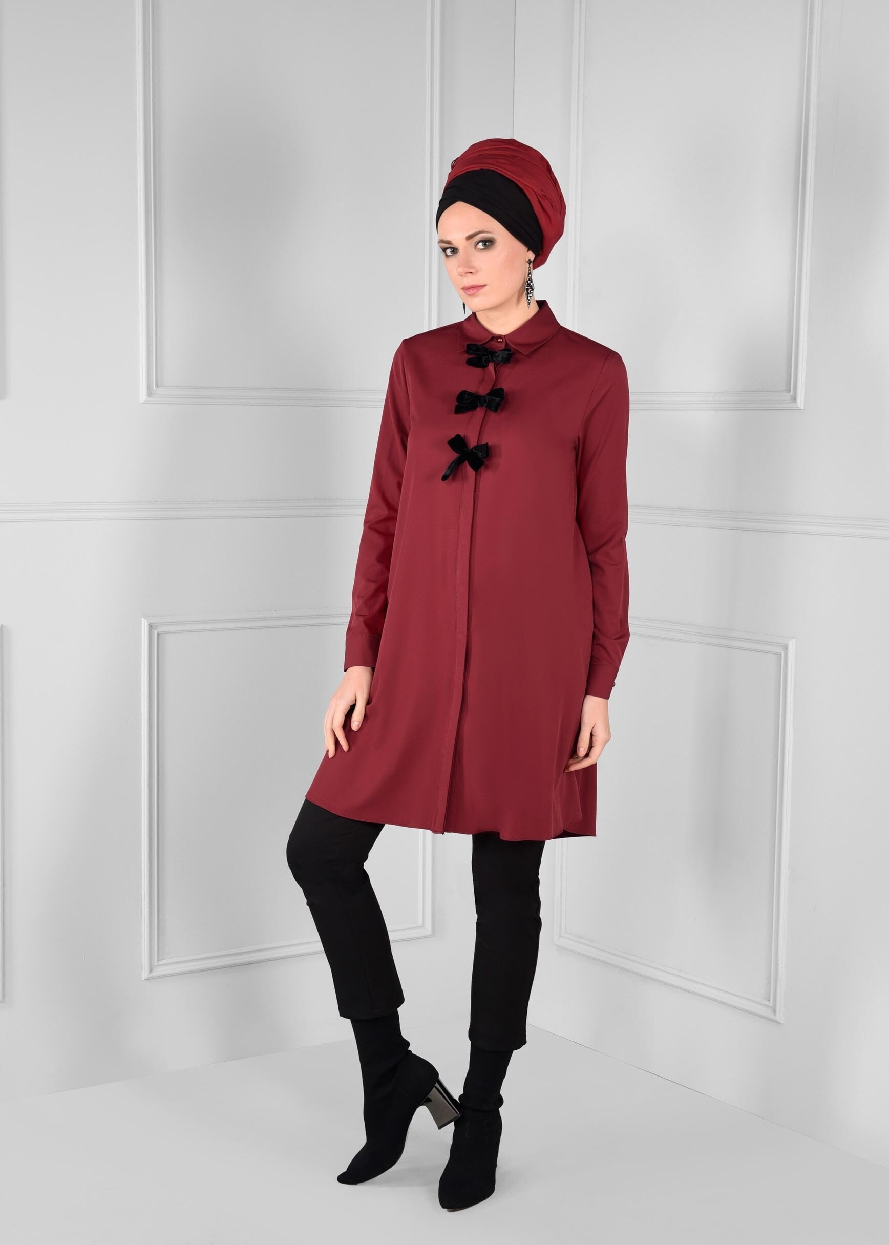 Tesettür giyim BORDO FİYONK DETAYLI GENİŞ KESİM TUNİK 4681