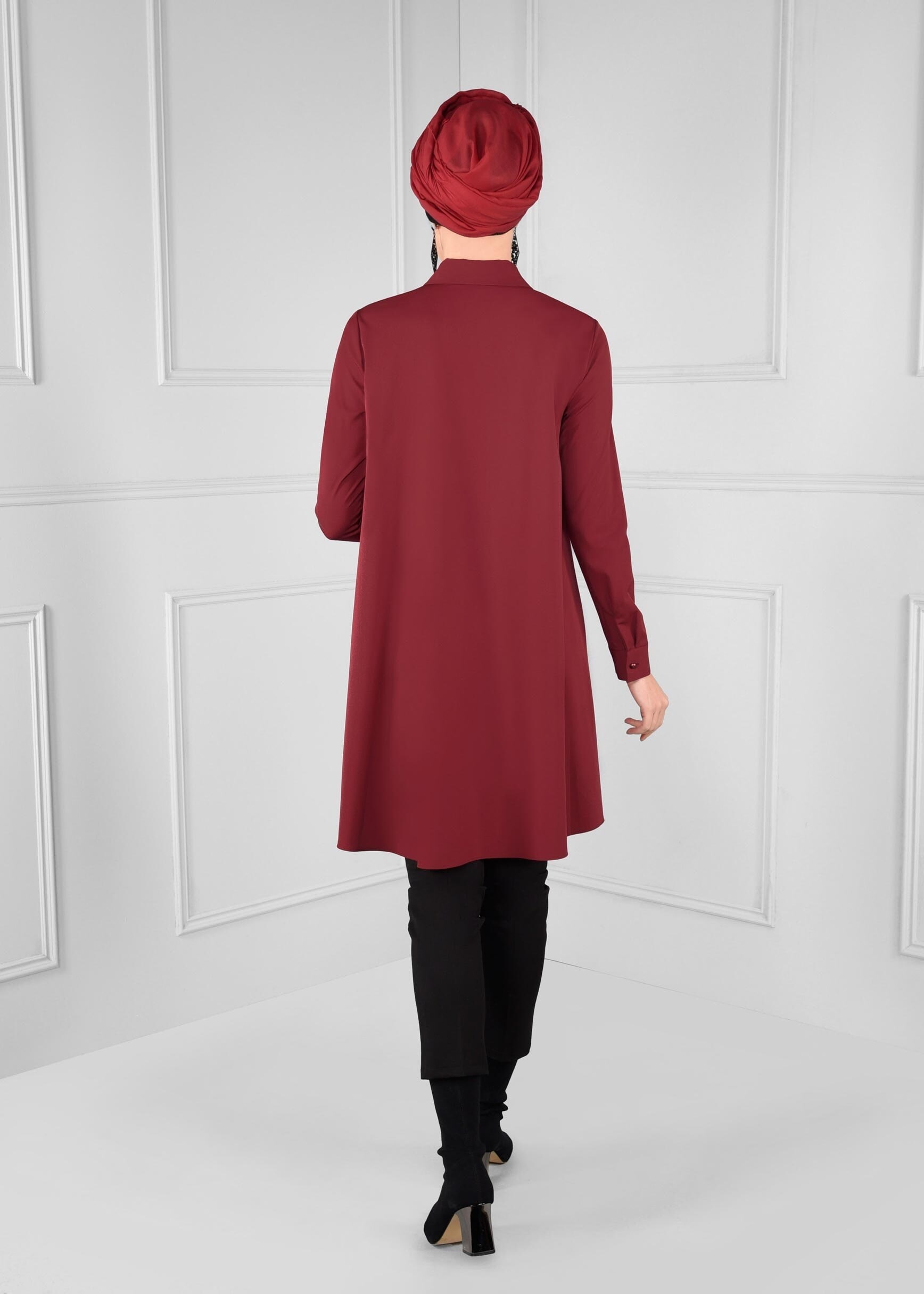 Tesettür giyim BORDO FİYONK DETAYLI GENİŞ KESİM TUNİK 4681