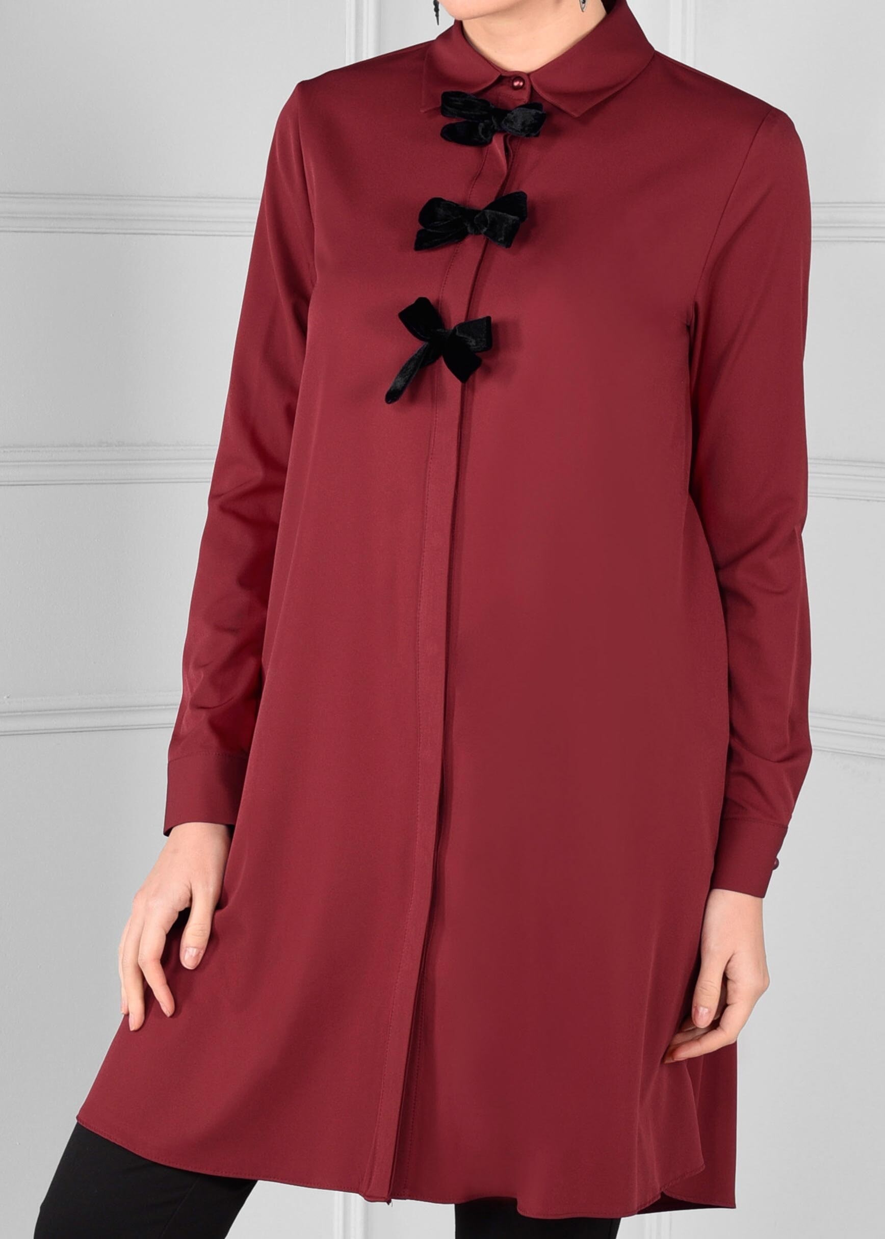 Tesettür giyim BORDO FİYONK DETAYLI GENİŞ KESİM TUNİK 4681