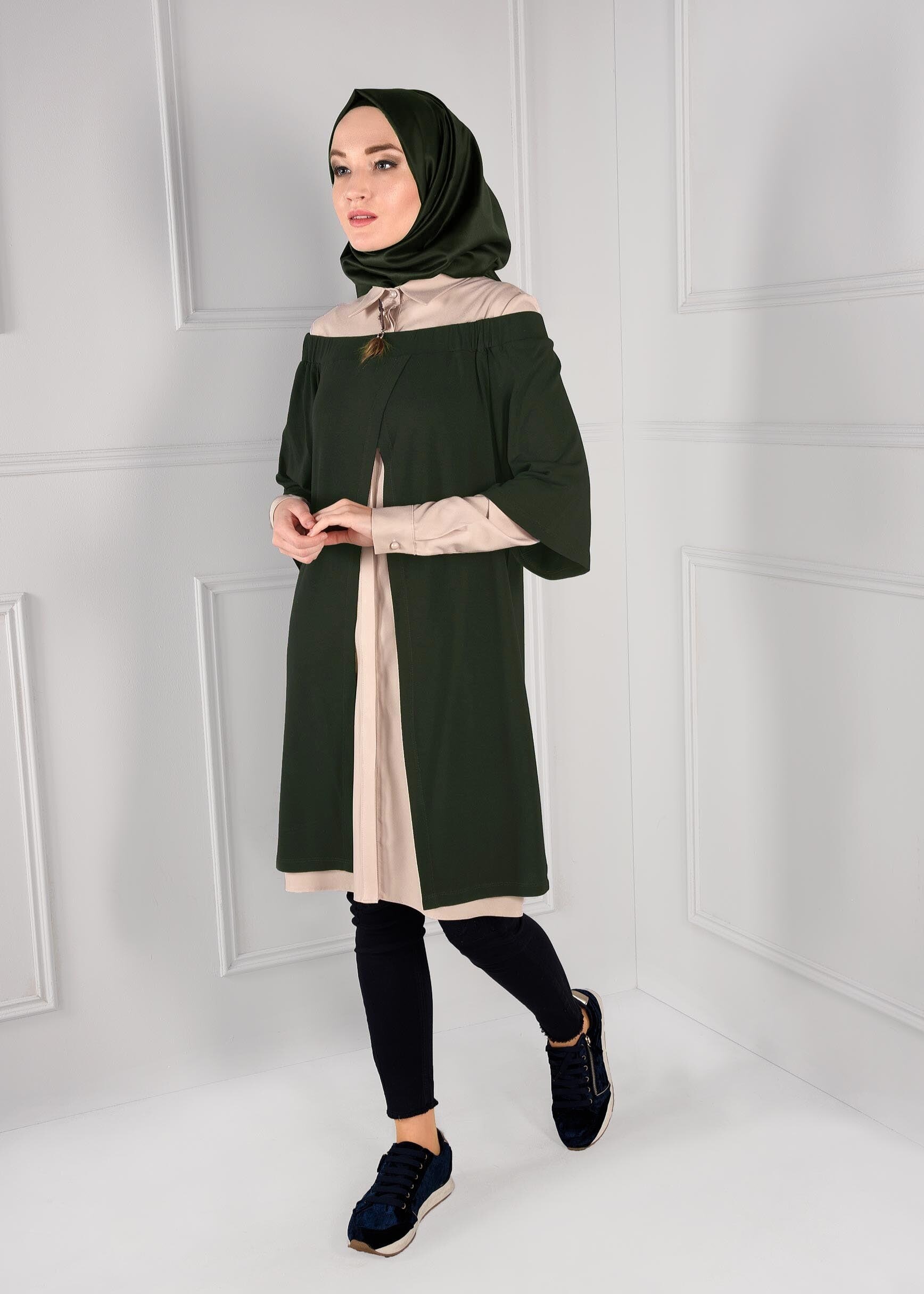Tesettür giyim HAKİ YARASA KOL ÖNÜ AÇIK 2Lİ TUNİK 4682 