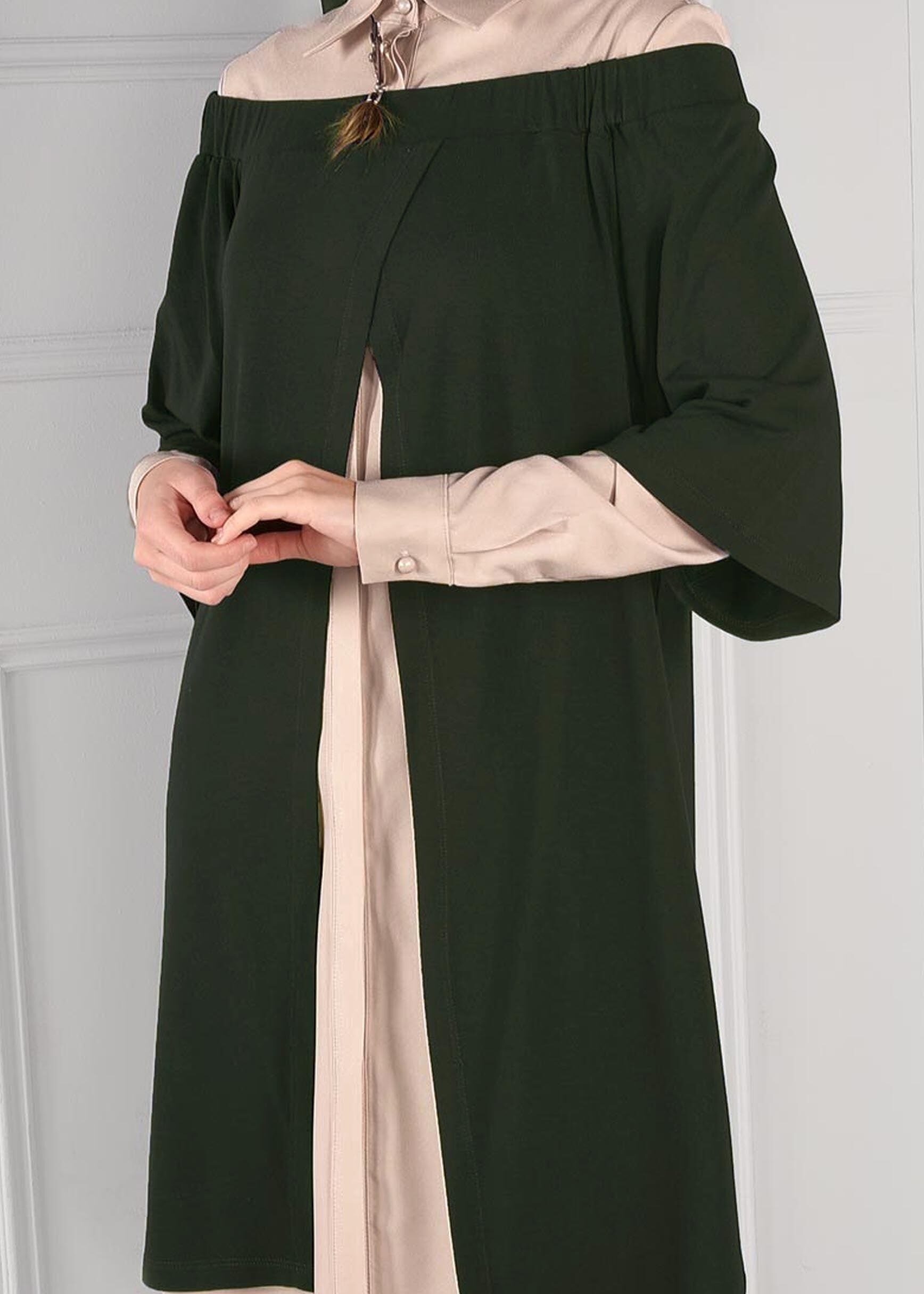 Tesettür giyim HAKİ YARASA KOL ÖNÜ AÇIK 2Lİ TUNİK 4682 