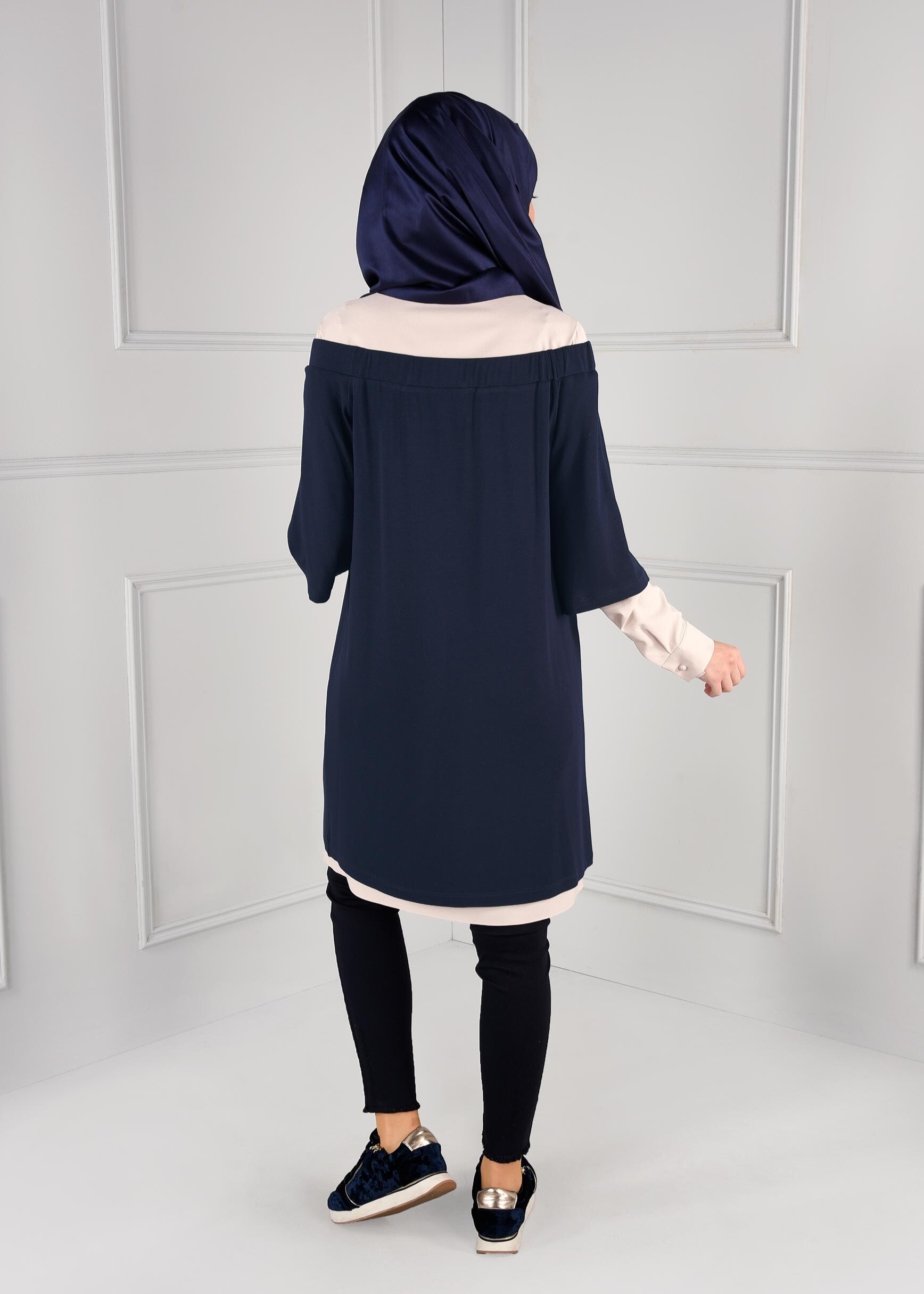 Tesettür giyim LACİVERT YARASA KOL ÖNÜ AÇIK 2Lİ TUNİK 4682 