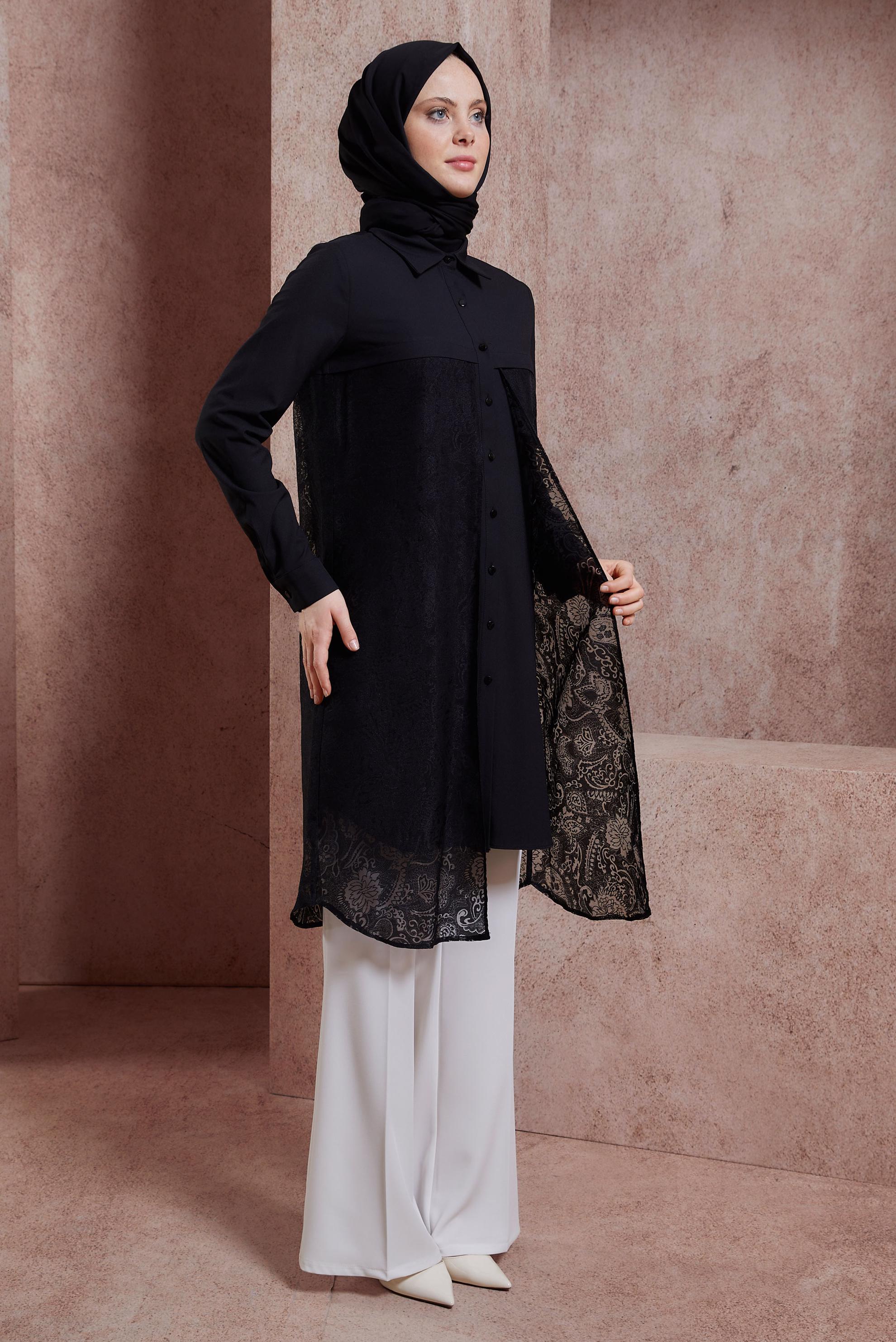 Tesettür giyim SİYAH GÖMLEK YAKA TUNİK 4685 