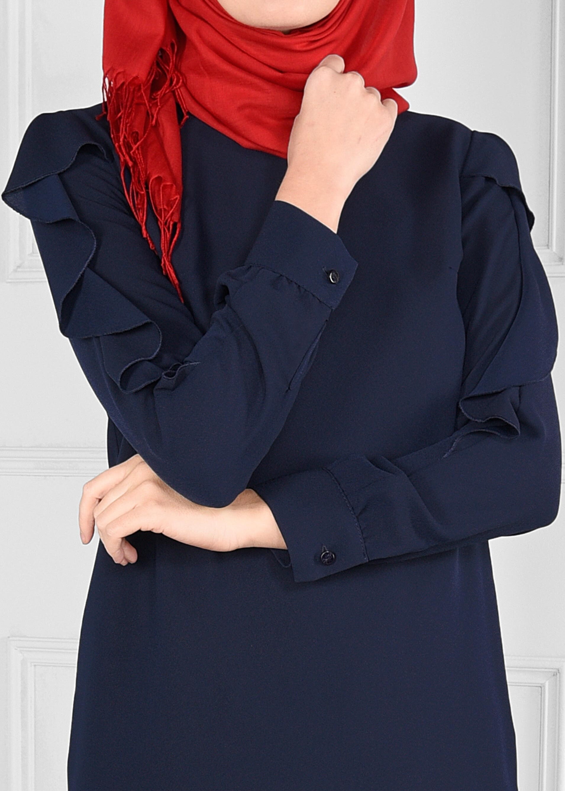 Tesettür giyim LACİVERT KOLLARI FIRFIRLI KUYRUKLU KREP TUNİK 4718