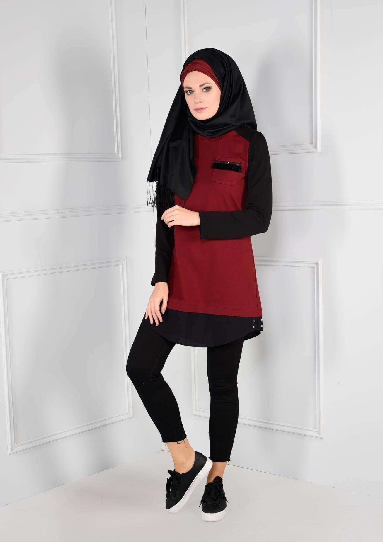 Tesettür giyim BORDO CEBİ PÜSKÜLLÜ ÇİFT RENK EŞOFMAN TUNİK 4719 