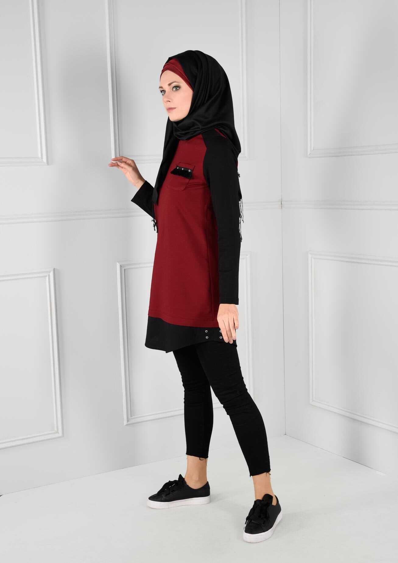 Tesettür giyim BORDO CEBİ PÜSKÜLLÜ ÇİFT RENK EŞOFMAN TUNİK 4719 