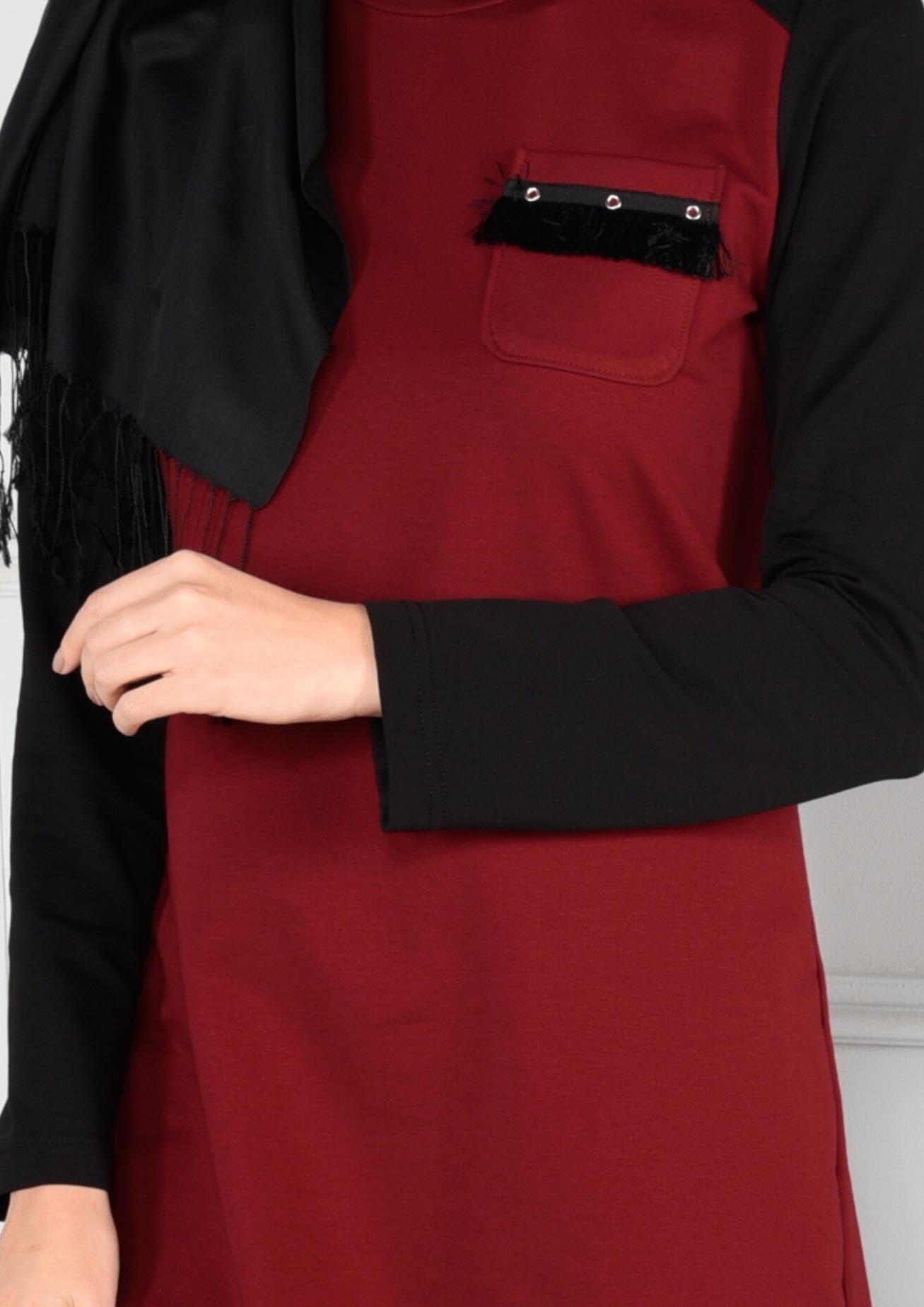 Tesettür giyim BORDO CEBİ PÜSKÜLLÜ ÇİFT RENK EŞOFMAN TUNİK 4719 