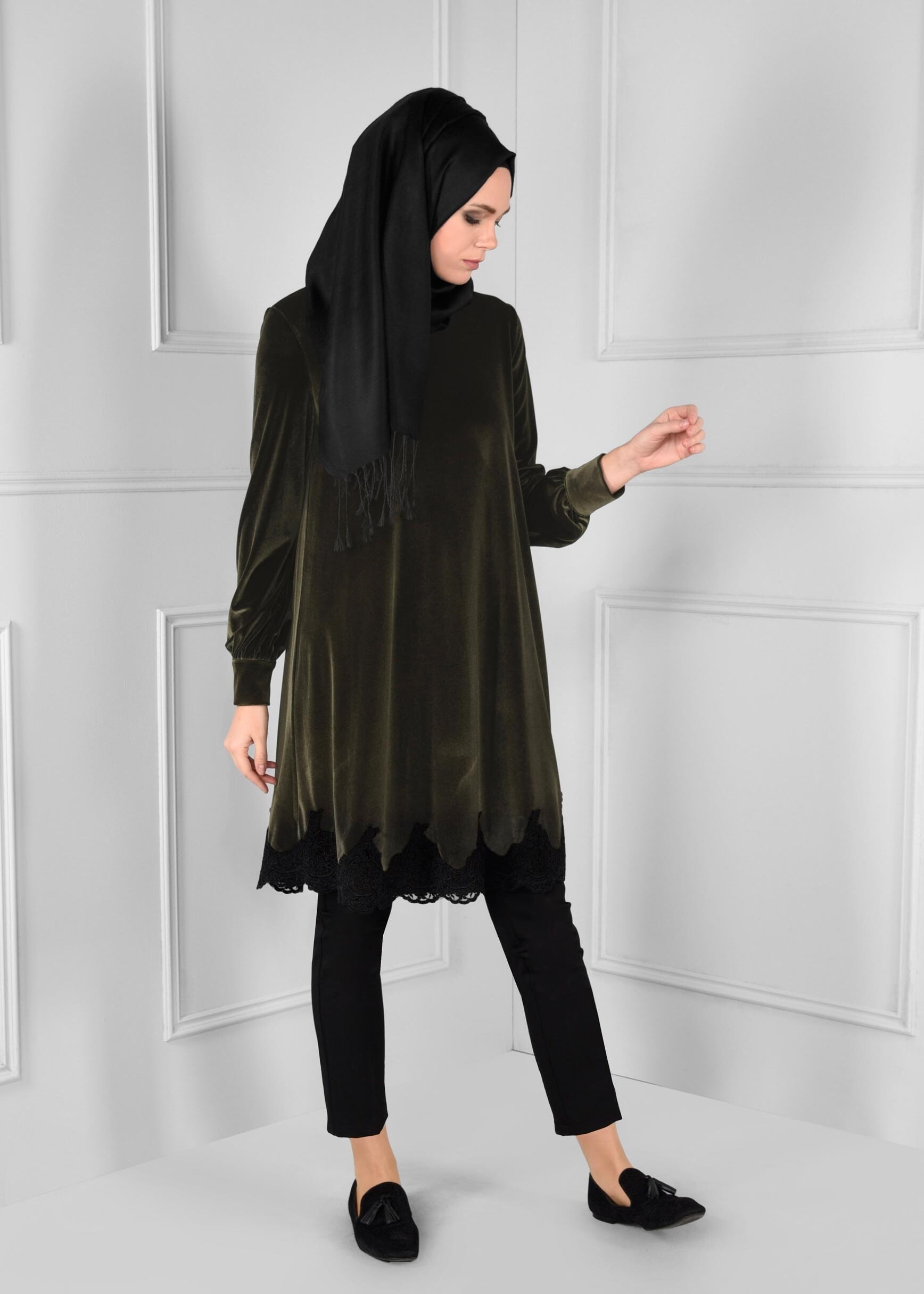Tesettür giyim HAKİ DANTELLİ SALAŞ KADİFE TUNİK 4731 