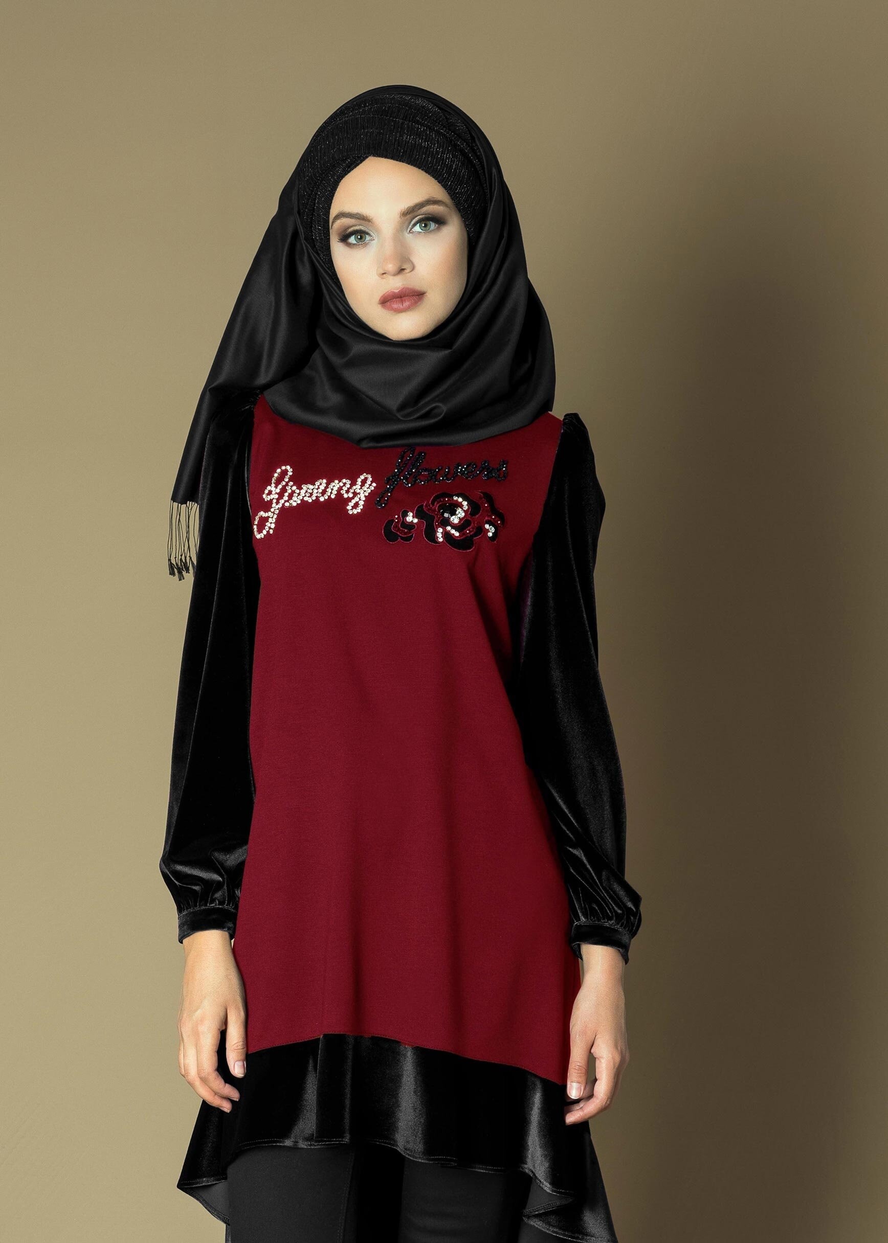Tesettür giyim BORDO BONCUK İŞLEMELİ ÇİFT RENK ASİMETRİK KESİM TUNİK 4732