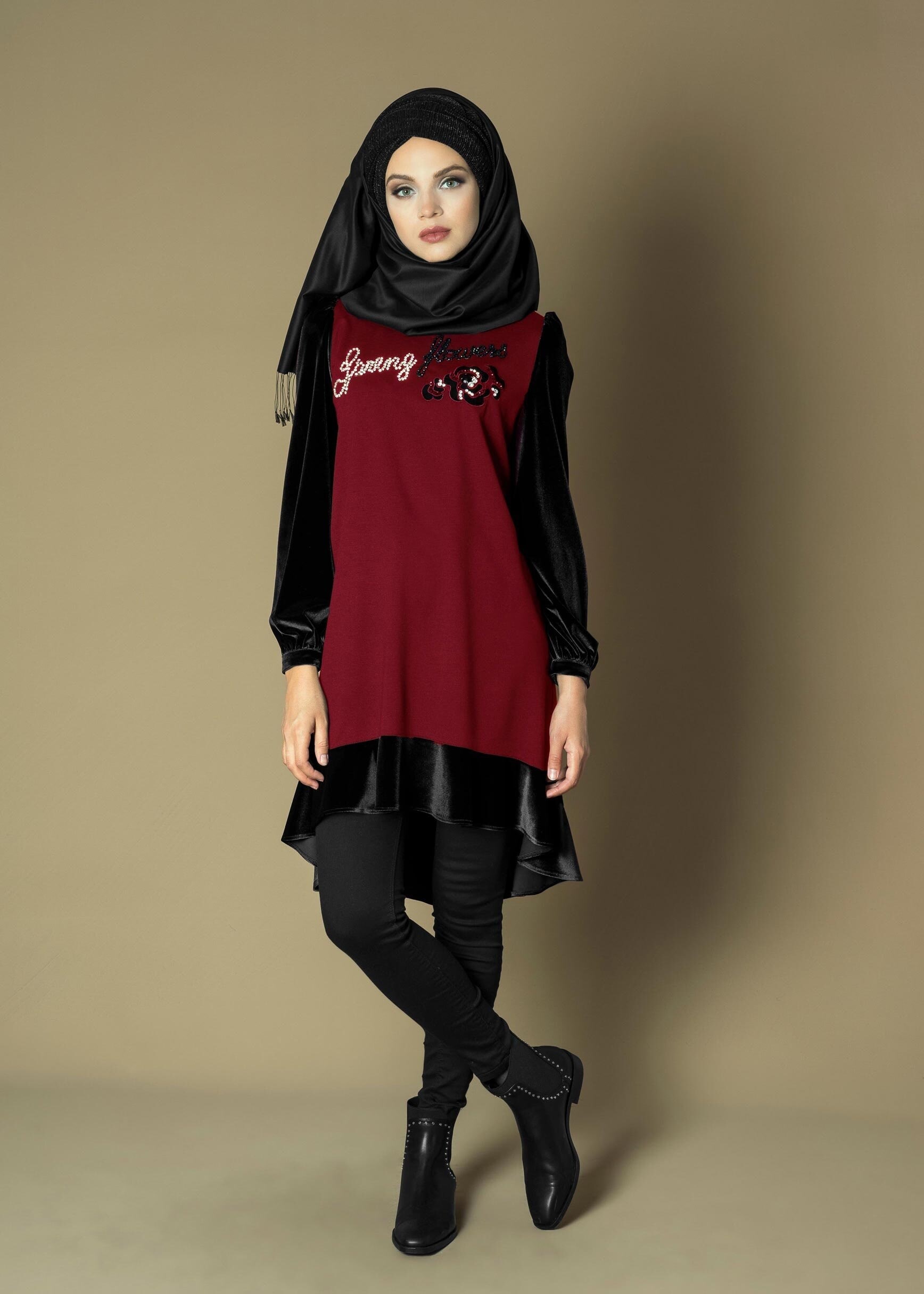 Tesettür giyim BORDO BONCUK İŞLEMELİ ÇİFT RENK ASİMETRİK KESİM TUNİK 4732