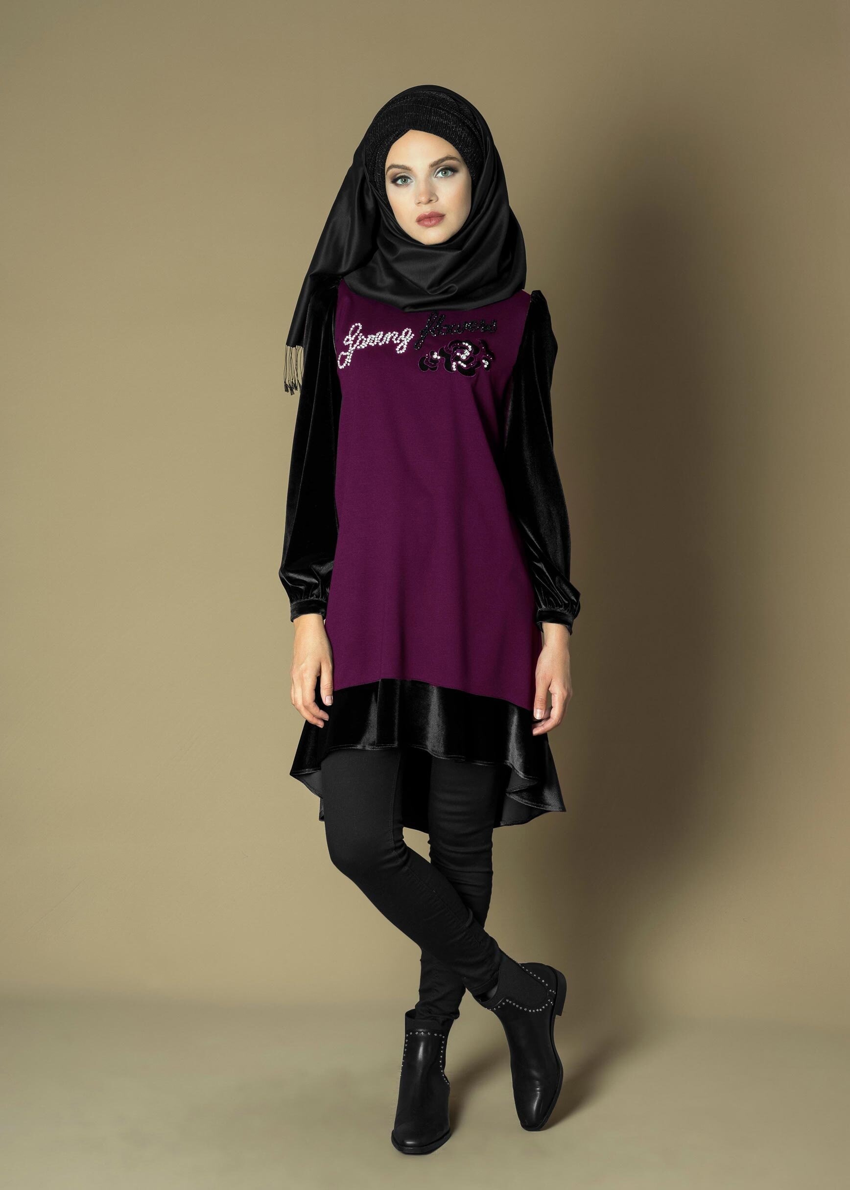 Tesettür giyim MOR BONCUK İŞLEMELİ ÇİFT RENK ASİMETRİK KESİM TUNİK 4732