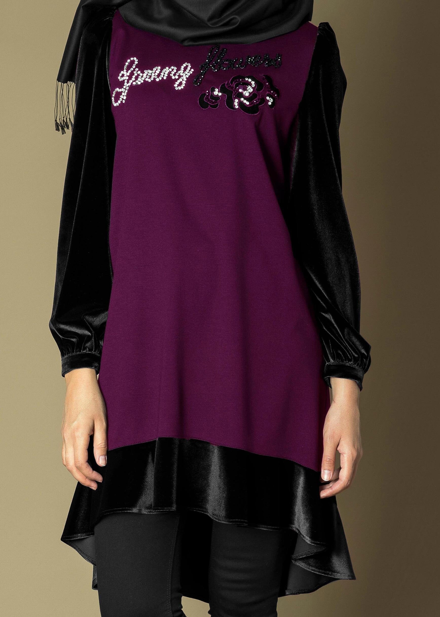 Tesettür giyim MOR BONCUK İŞLEMELİ ÇİFT RENK ASİMETRİK KESİM TUNİK 4732