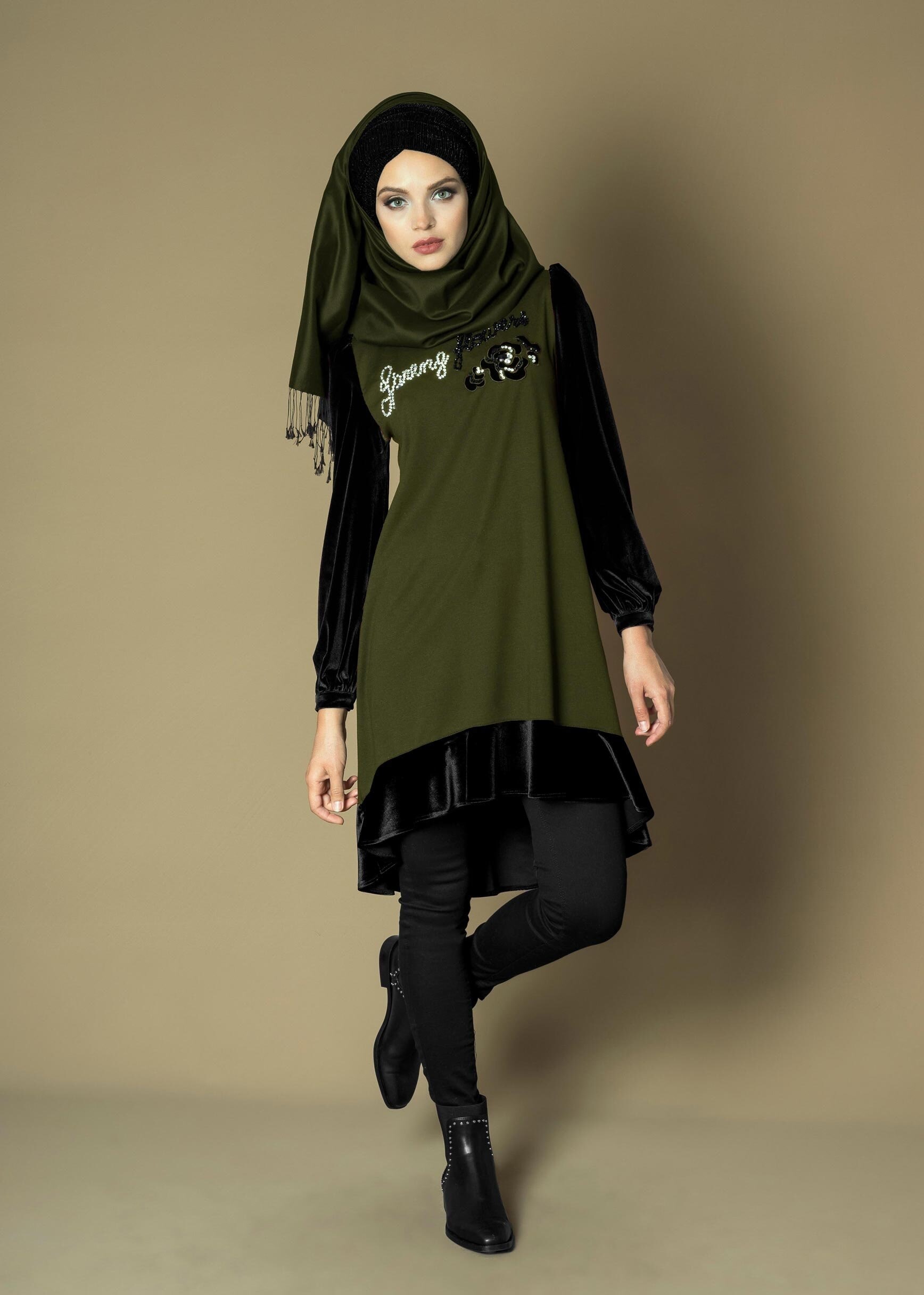 Tesettür giyim HAKİ BONCUK İŞLEMELİ ÇİFT RENK ASİMETRİK KESİM TUNİK 4732