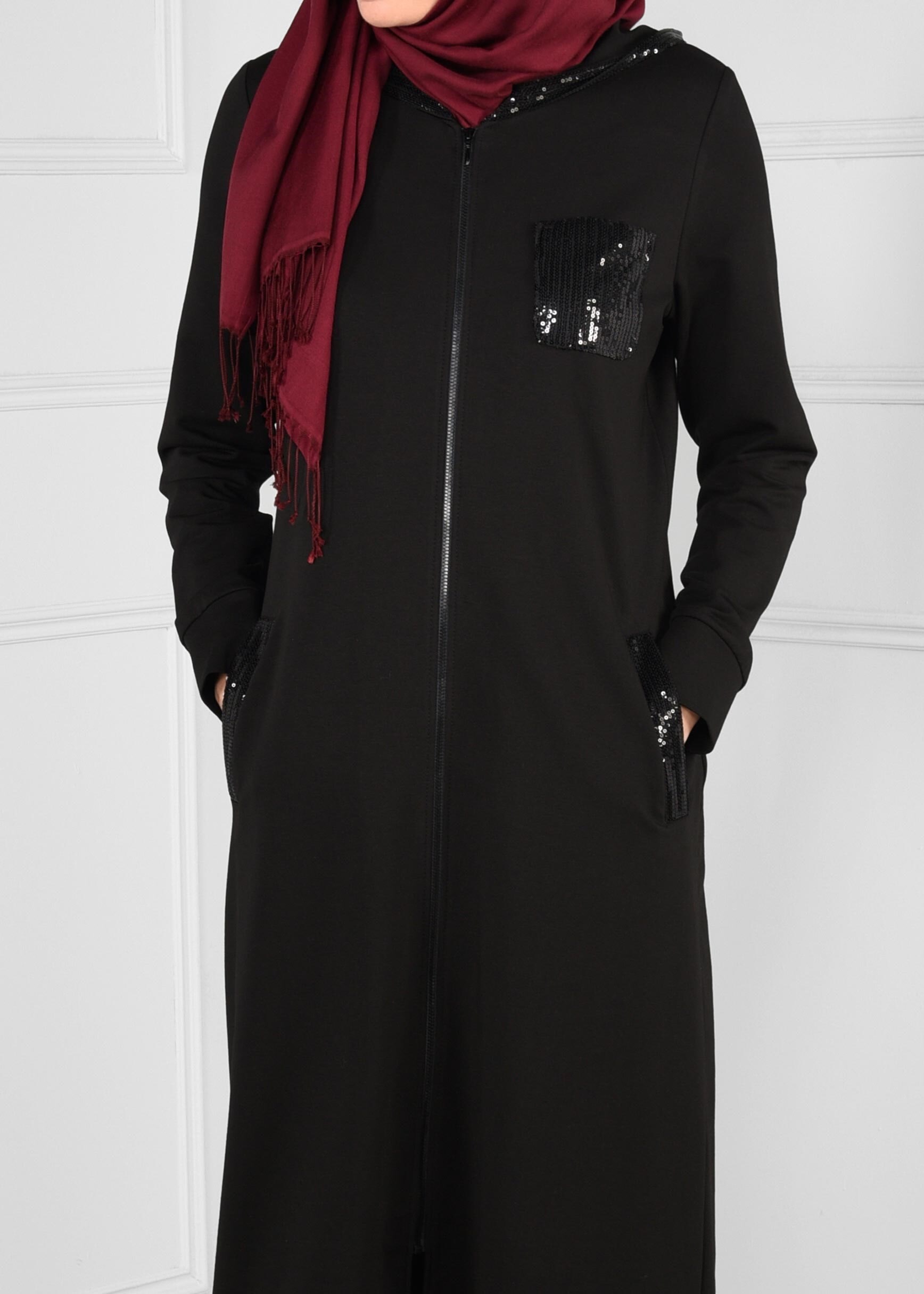 Tesettür giyim SİYAH PAYET DETAYLI KAPÜŞONLU CEPLİ EŞOFMAN TUNİK 4739